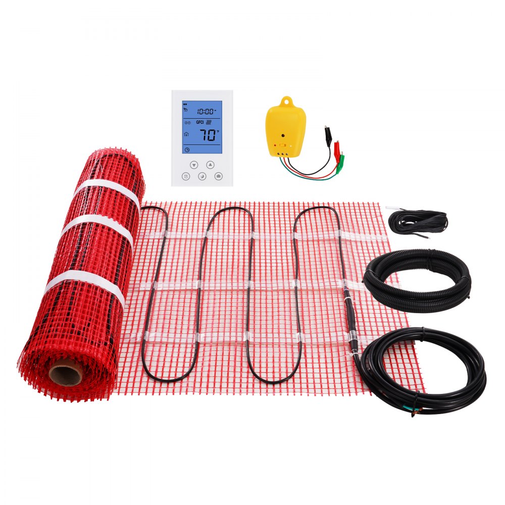 Alfombrilla de calefacción de suelo VEVOR, 30 pies cuadrados, sistema de calor radiante eléctrico en el suelo con termostato digital de detección de suelo, incluye monitor de instalación, parte trasera adhesiva para una fácil instalación en el suelo