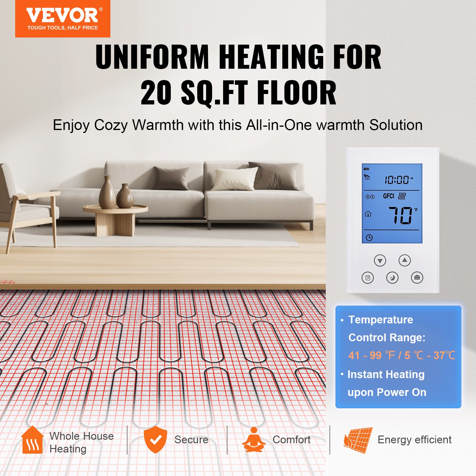 Alfombrilla de calefacción de suelo VEVOR, 20 pies cuadrados. pies, sistema de calefacción radiante eléctrico en el piso con termostato digital con sensor de piso, incluye monitor de instalación, parte trasera adhesiva para una fácil instalación en el piso