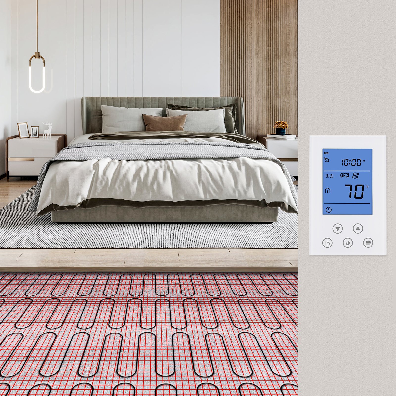 Alfombrilla de calefacción de suelo VEVOR, 20 pies cuadrados. pies, sistema de calefacción radiante eléctrico en el piso con termostato digital con sensor de piso, incluye monitor de instalación, parte trasera adhesiva para una fácil instalación en el piso