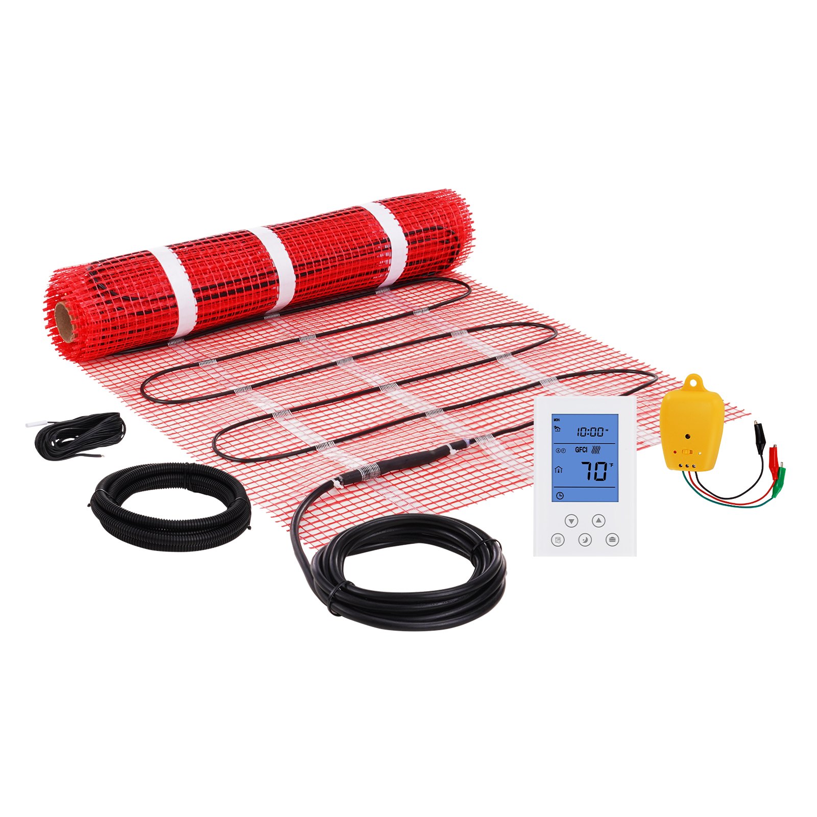 Alfombrilla de calefacción de suelo VEVOR, 20 pies cuadrados. pies, sistema de calefacción radiante eléctrico en el piso con termostato digital con sensor de piso, incluye monitor de instalación, parte trasera adhesiva para una fácil instalación en el piso