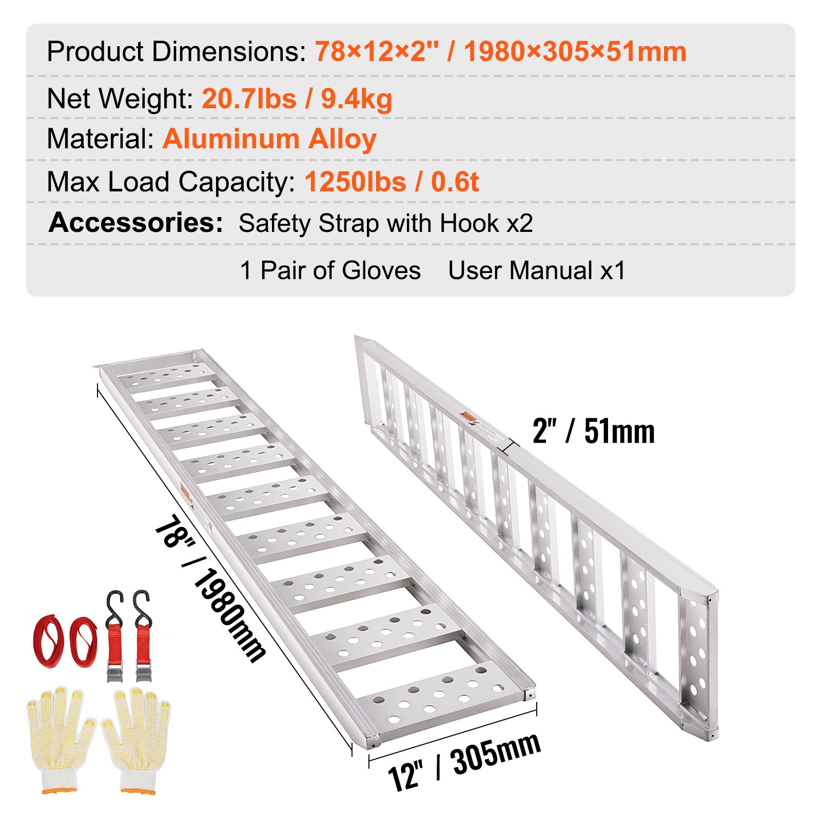 Rampas de carga de aluminio VEVOR con correas de seguridad, guantes y manual. Dimensiones: 78&quot;x12&quot;x2&quot;, capacidad de 1250 libras.