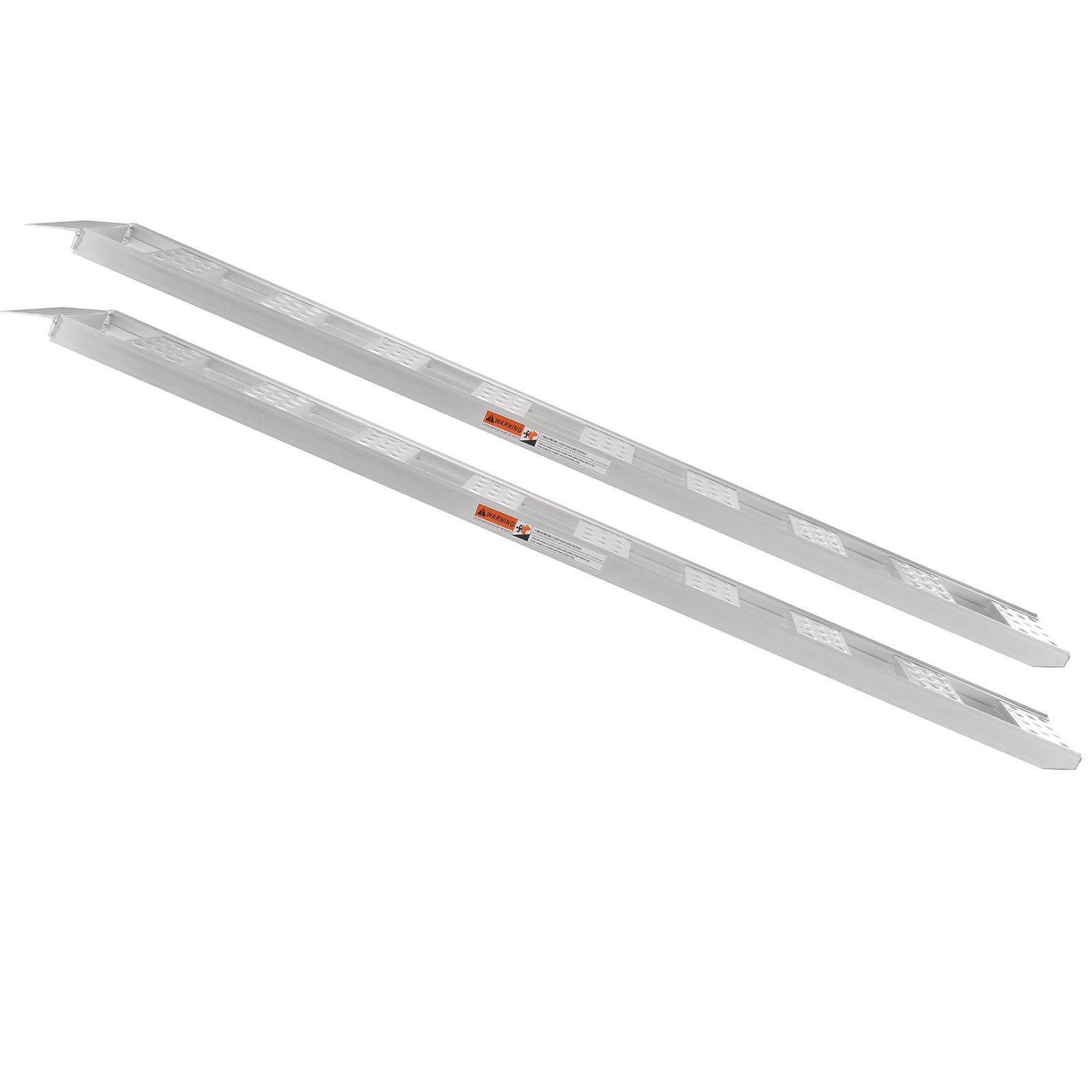 Rampas de carga de aluminio VEVOR, color plata, largas, sobre fondo blanco, con pegatinas de seguridad.