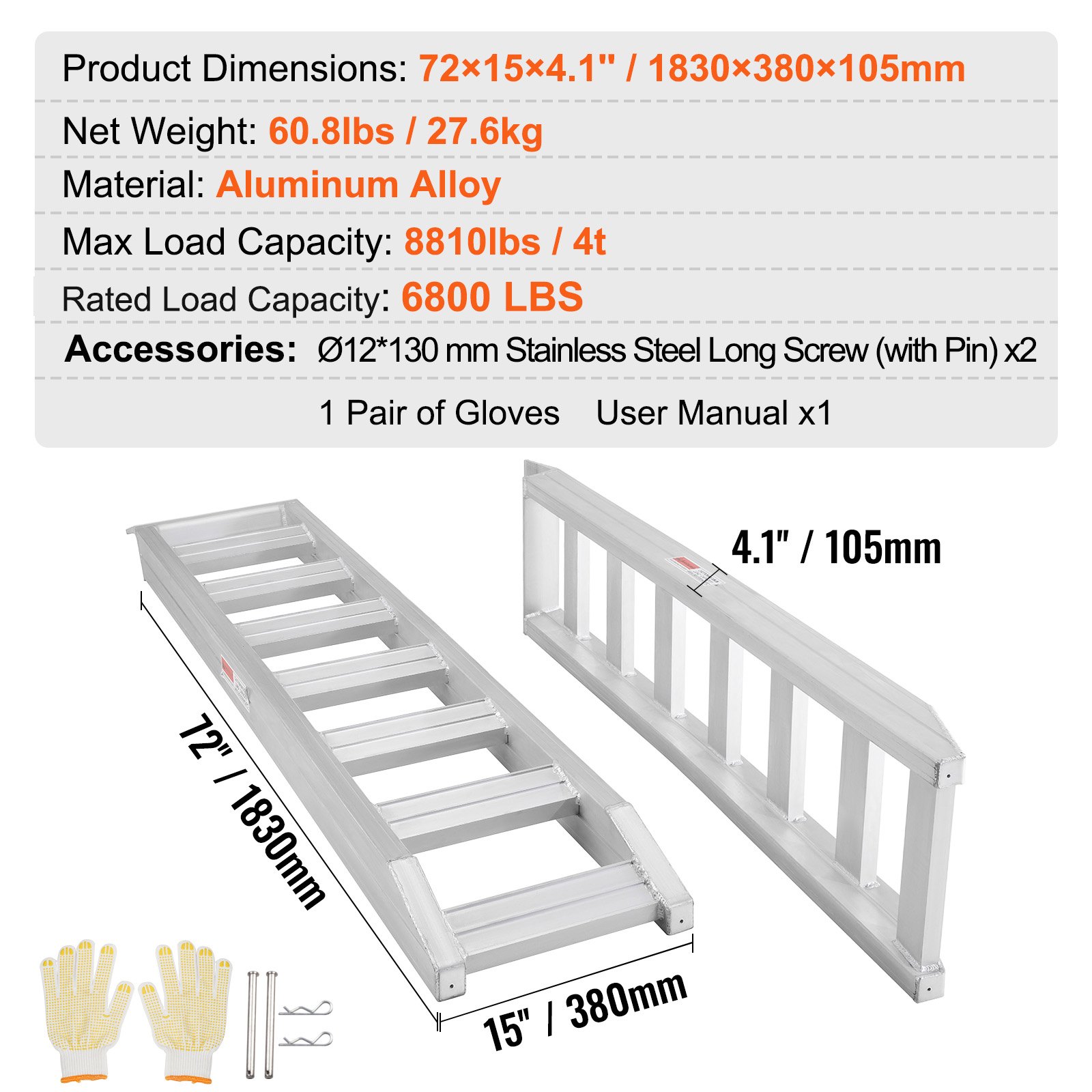Rampas de aluminio VEVOR, 72×15×4.1&quot;, 60.8lbs, capacidad de 8810lbs, guantes, tornillos, manual de usuario incluido.