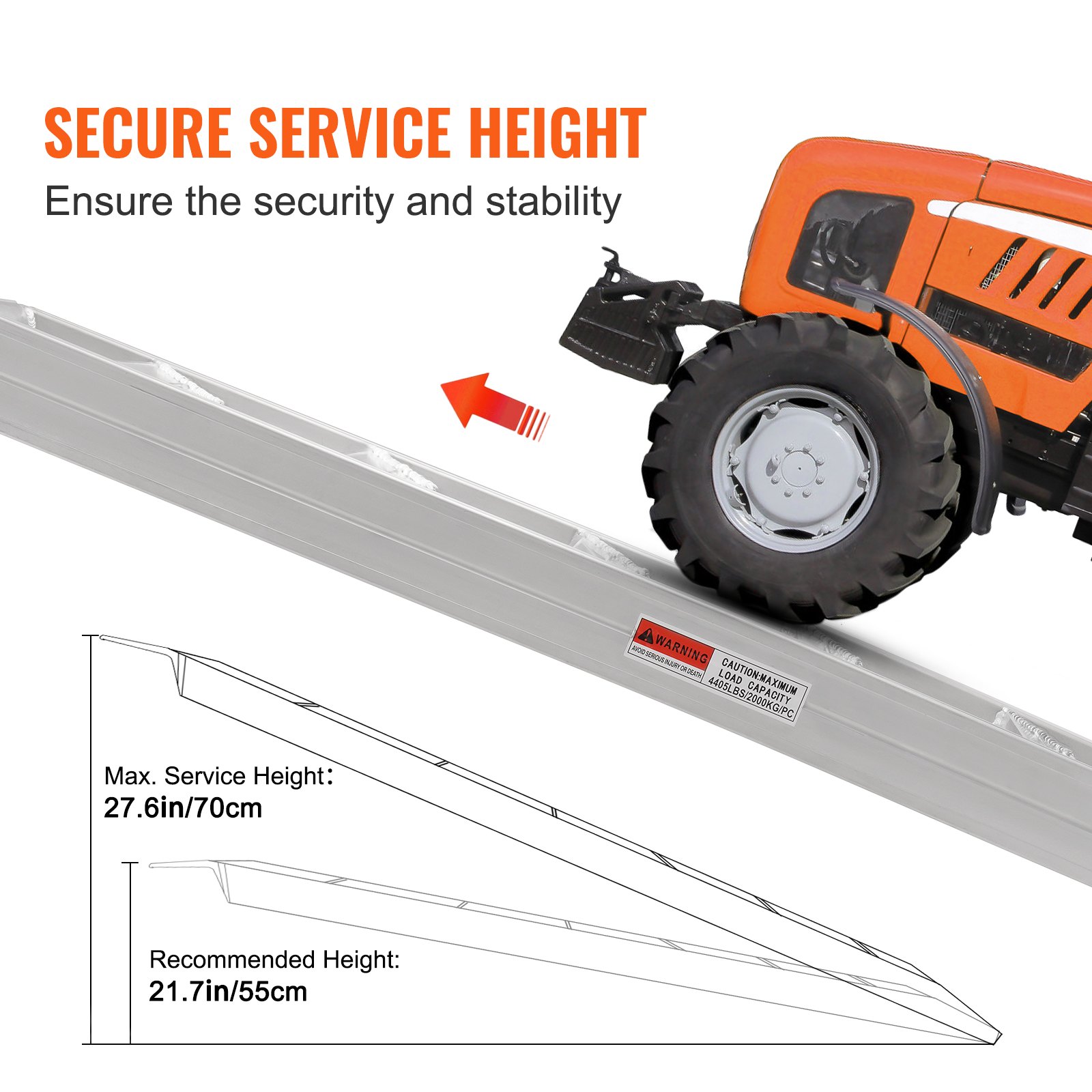 Altura de servicio segura para rampas de aluminio VEVOR con ilustración de vehículo naranja, altura máxima 70 cm.