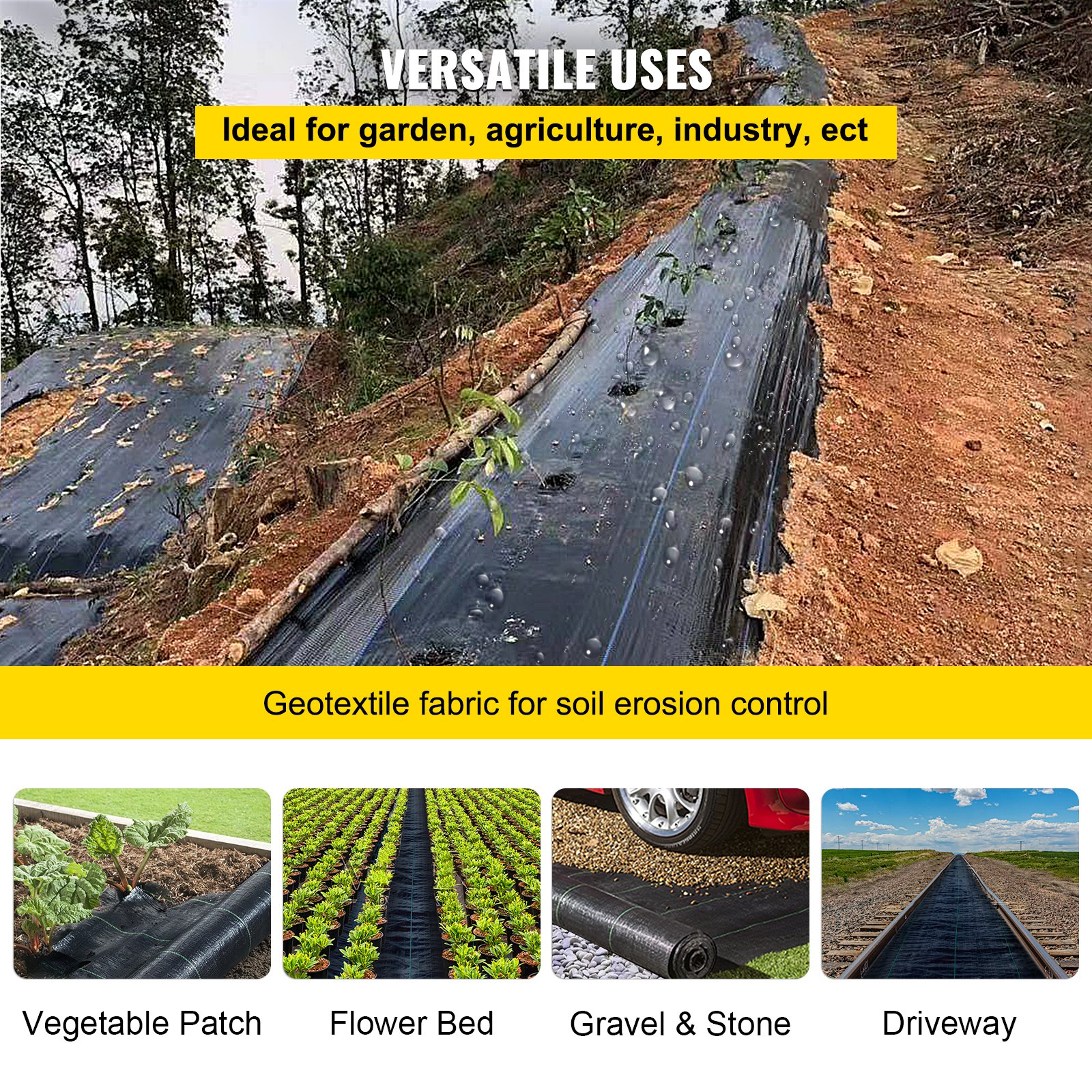 VEVOR Weed Barrier Landscape Fabric, 4 x 250 FT Geotextile Underlayment, PP Woven Garden Ground Cover, 5Oz Weed Control Fabric, Heavy Duty Weed Block Fabric w/Good Permeability, Gardening Mat, Black