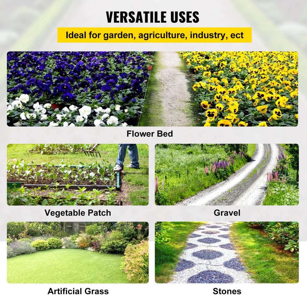 Usos versátiles de la tela protectora contra malas hierbas VEVOR: macizos de flores, huertos, grava, césped artificial, piedras.