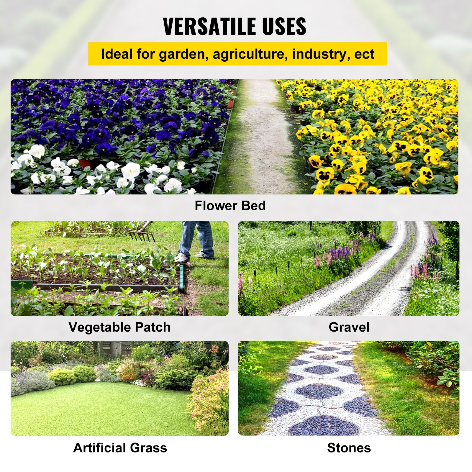 Usos versátiles de la tela protectora contra malas hierbas VEVOR: macizos de flores, huertos, grava, césped artificial, piedras.