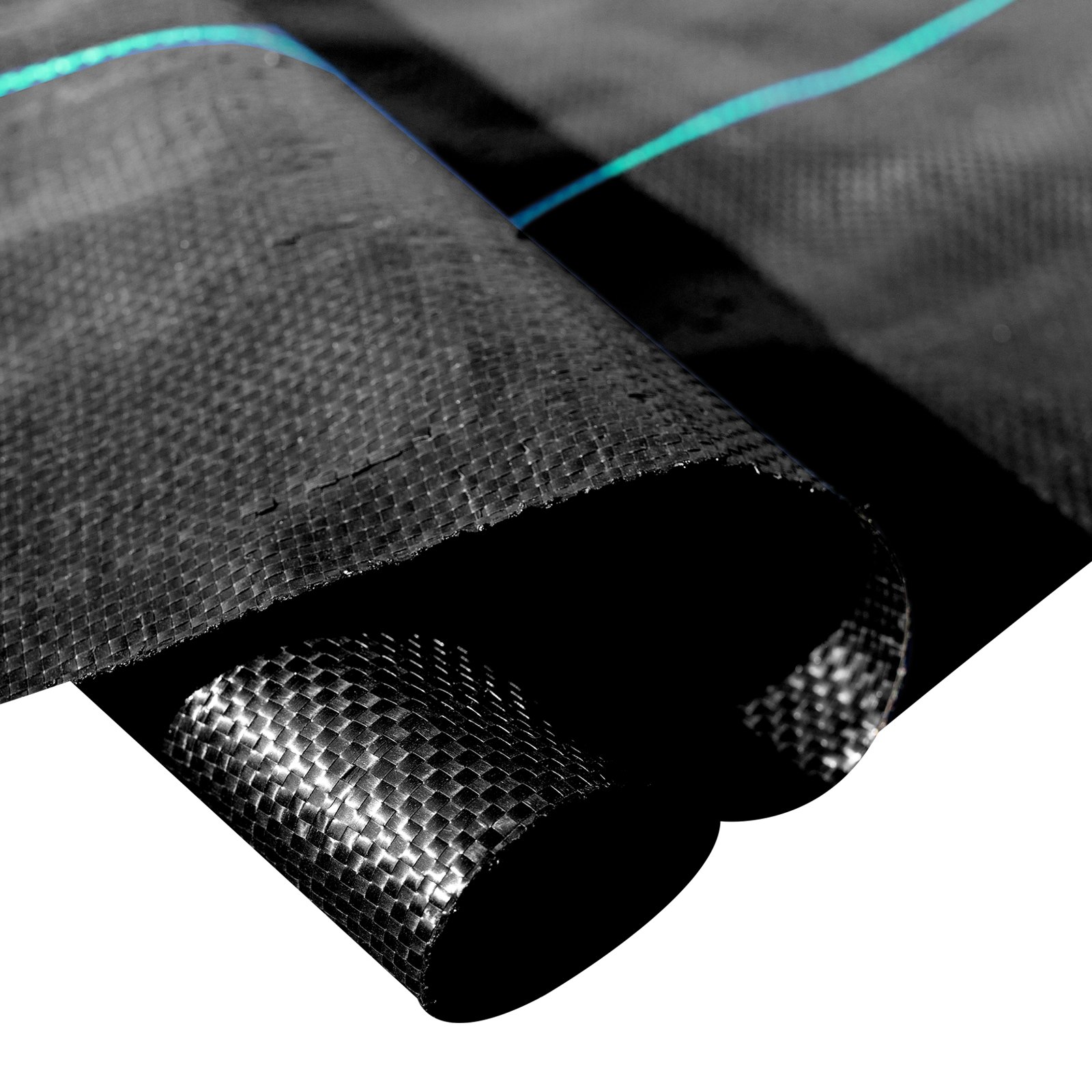Tejido antimaleza VEVOR negro con líneas azules y verdes, enrollado.