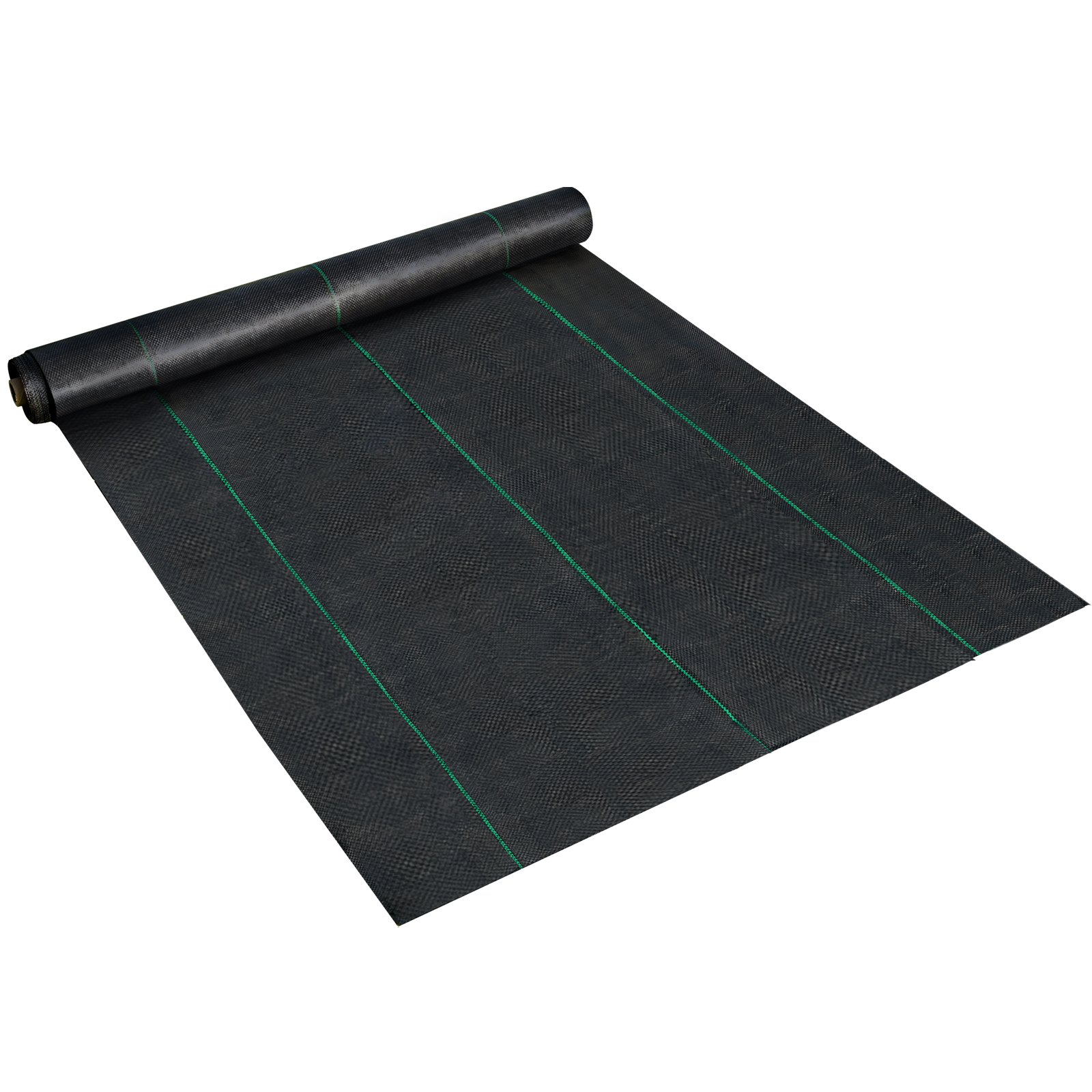 Rollo de tela protectora contra malezas VEVOR desenrollado sobre un fondo blanco con líneas verdes.