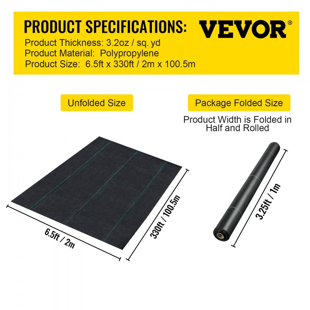 Especificaciones de la tela protectora contra malezas VEVOR con dimensiones desplegadas y plegadas mostradas.