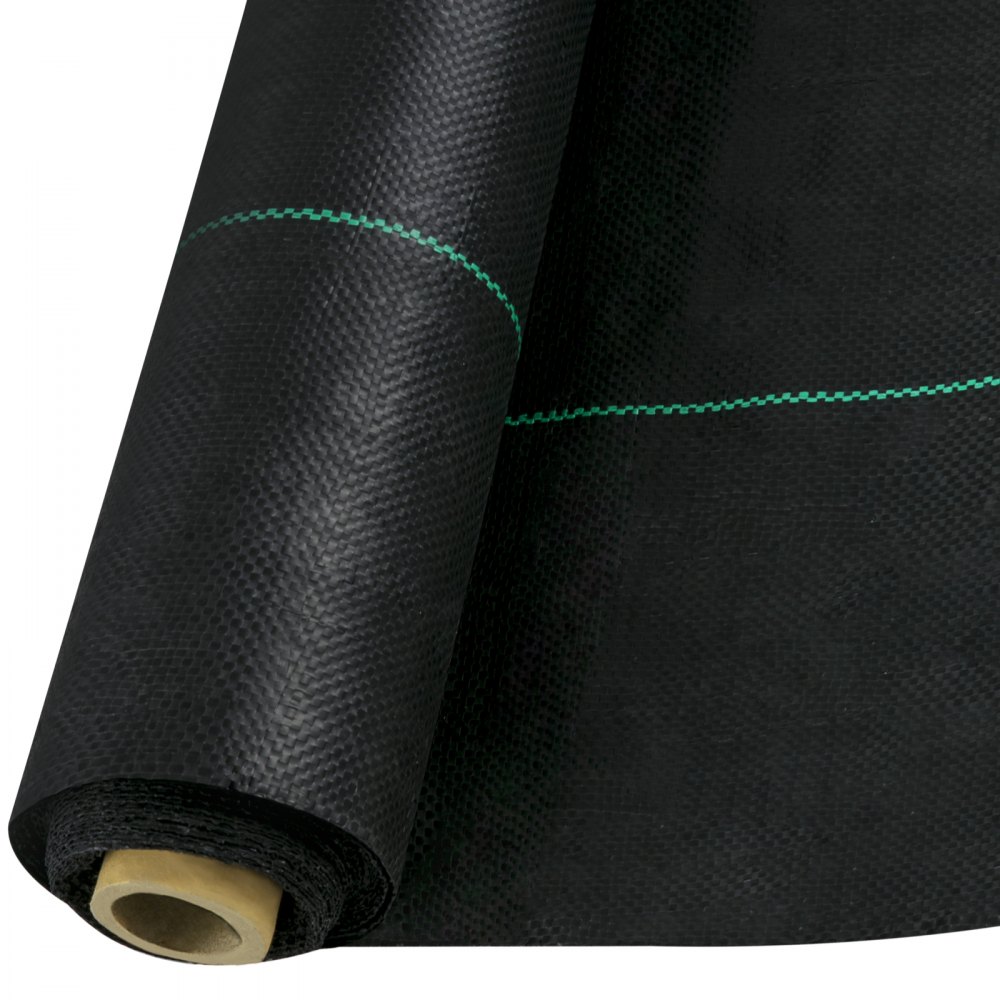 Rollo de tela protectora contra malezas VEVOR en color negro con detalle de costuras verdes.
