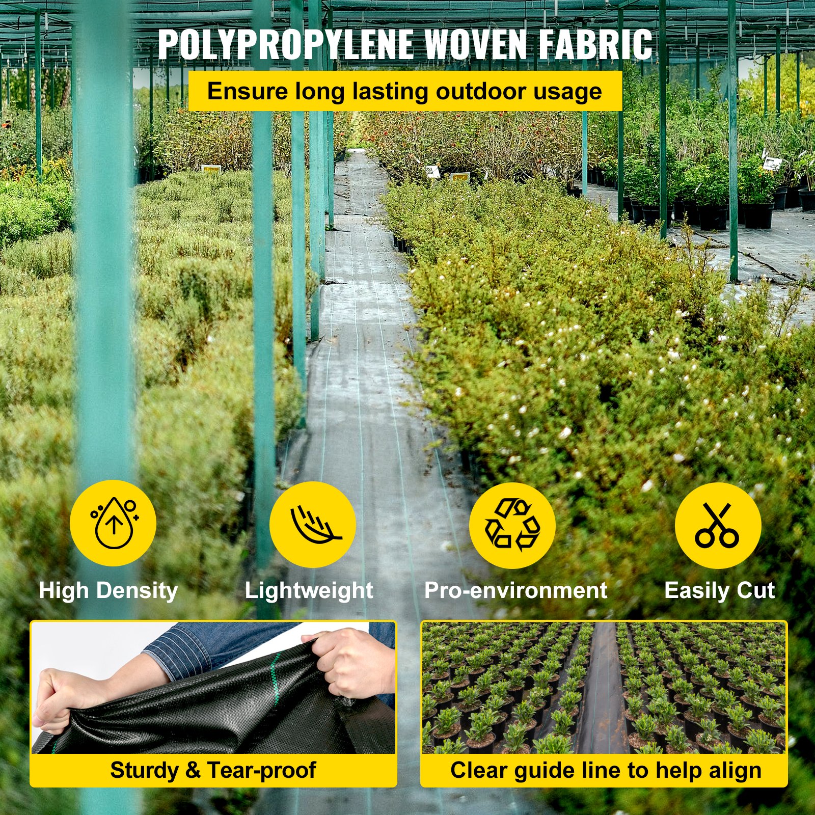 Tejido de barrera contra malezas VEVOR en un invernadero con plantas, que muestra sus beneficios y características.