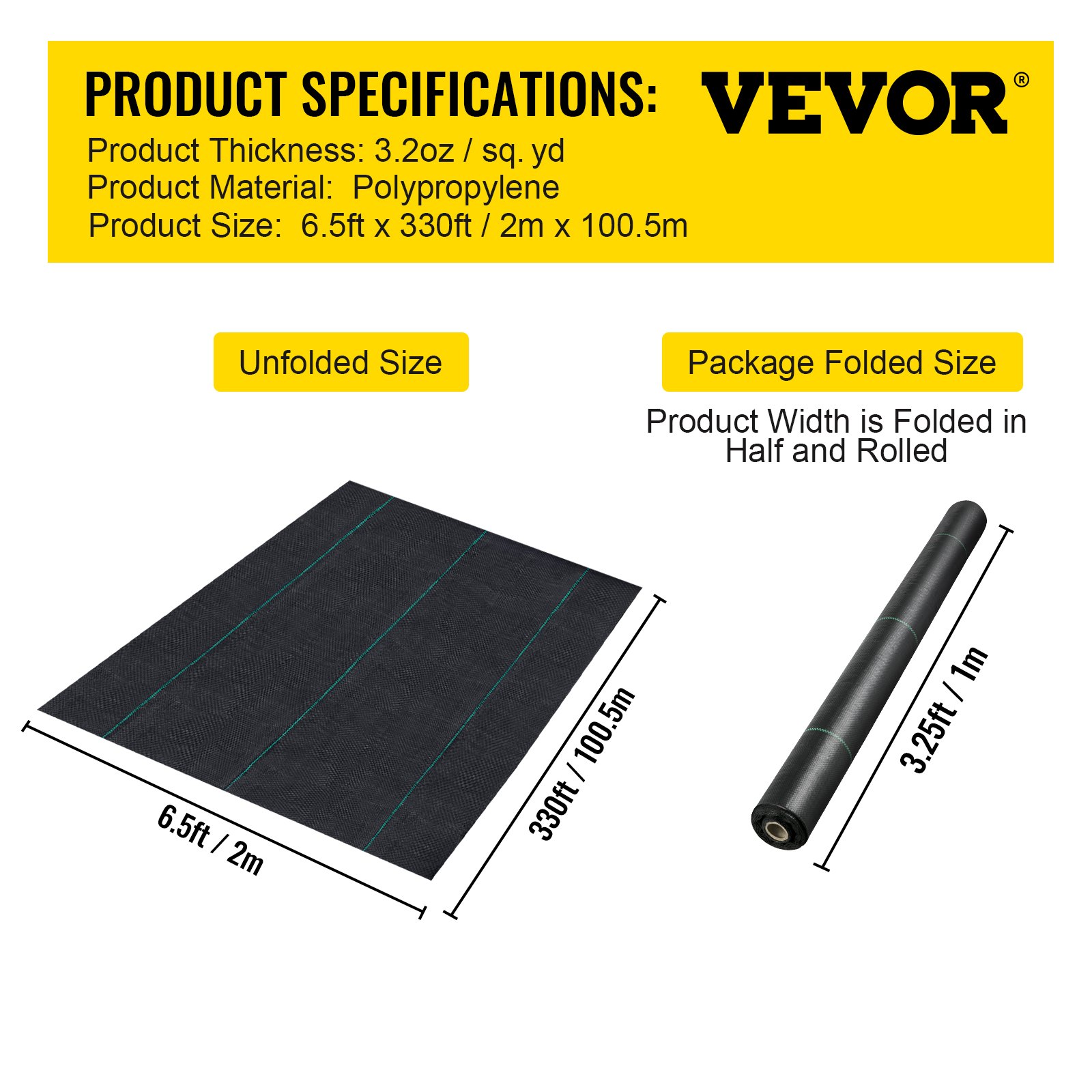 Especificaciones de la tela protectora contra malezas VEVOR con dimensiones desplegadas y plegadas mostradas.