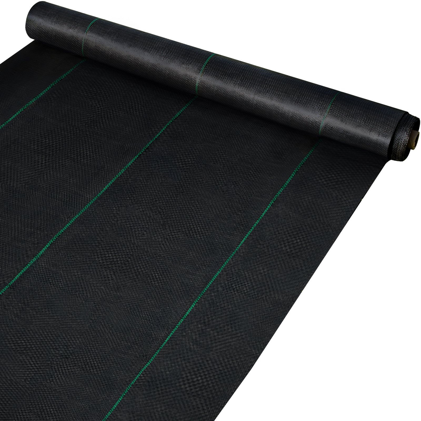 Rollo de tela protectora contra malezas VEVOR con líneas verdes sobre una superficie oscura y texturizada.