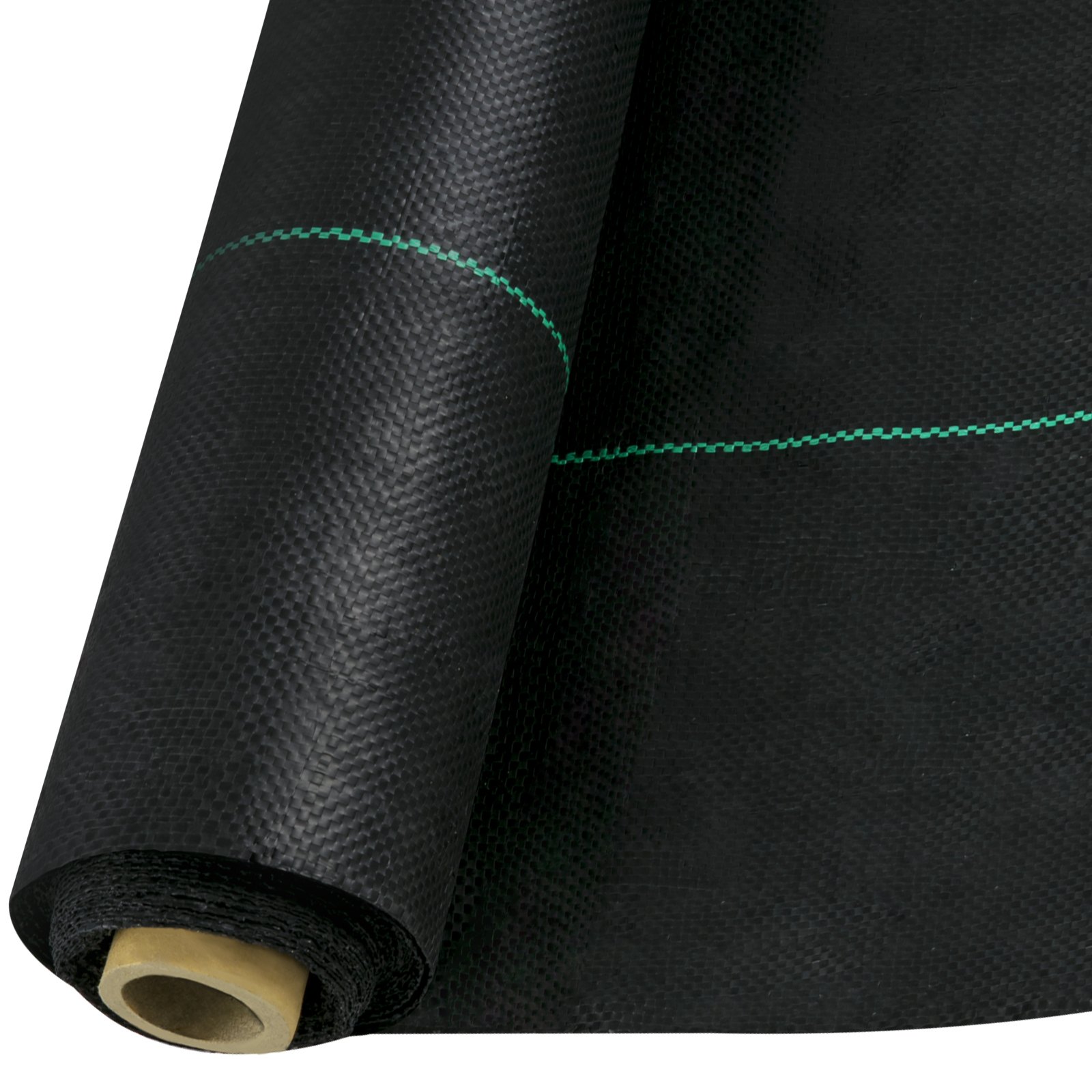 Rollo de tela protectora contra malezas VEVOR en color negro con detalle de costuras verdes.