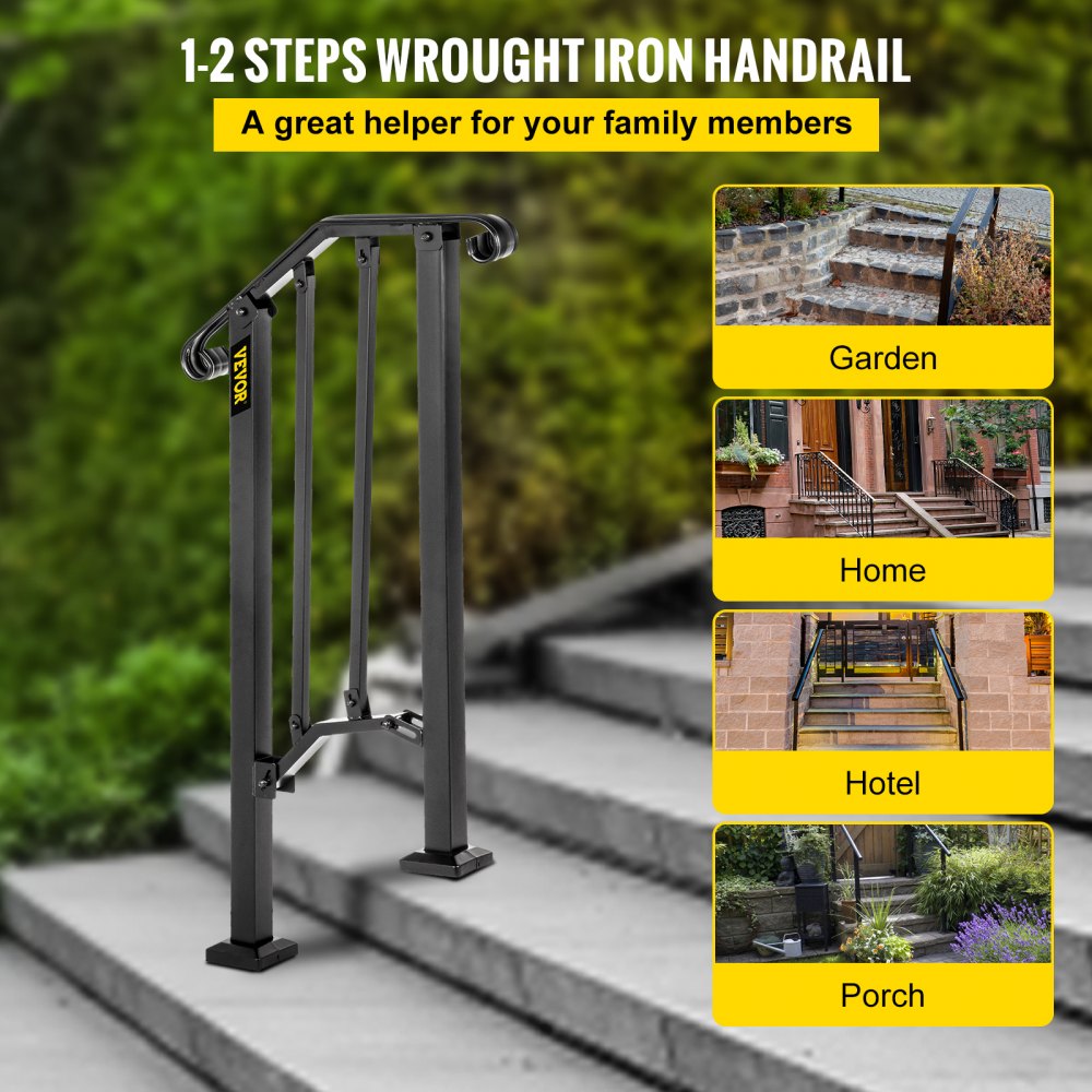 Pasamanos Metálico Para 3 Escalones - Hierro Forjado Negro, Altura Ajustable, Para Interior Y Exterior