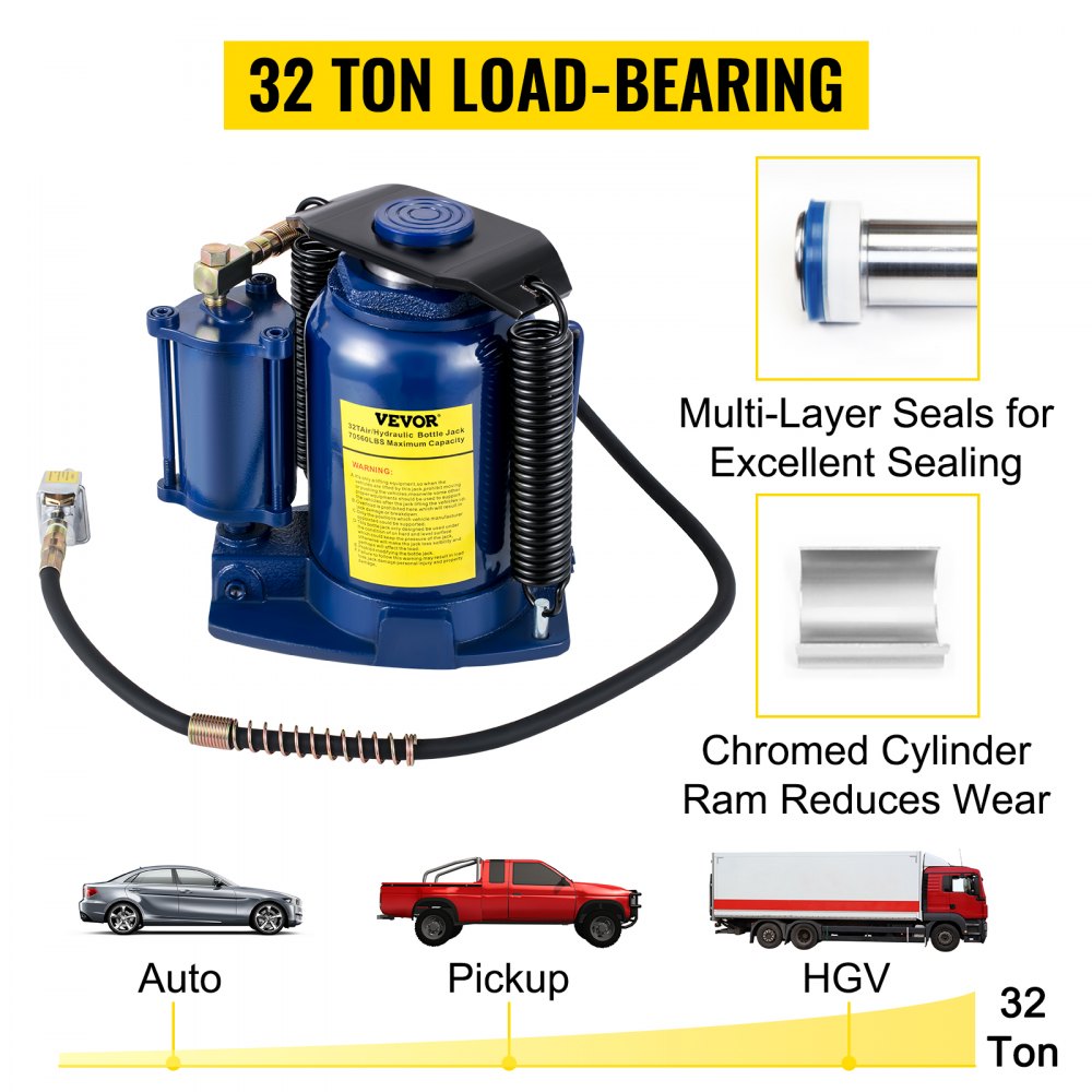 32 Ton Air Hydraulic Bottle Jack - 70,550 Lb Capacity With 10-16.3 Inch Lift Range