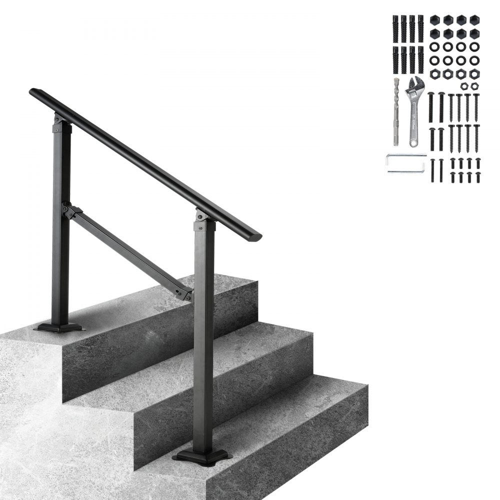 VEVOR Barandilla De Escalera Para 2-3 Escalones – Acero Carbono, Ajuste De Ángulo 0-40°, Kit De Instalación, Soporte 100 Kg, Para Exteriores, Patio, Porche, Hormigón O Madera