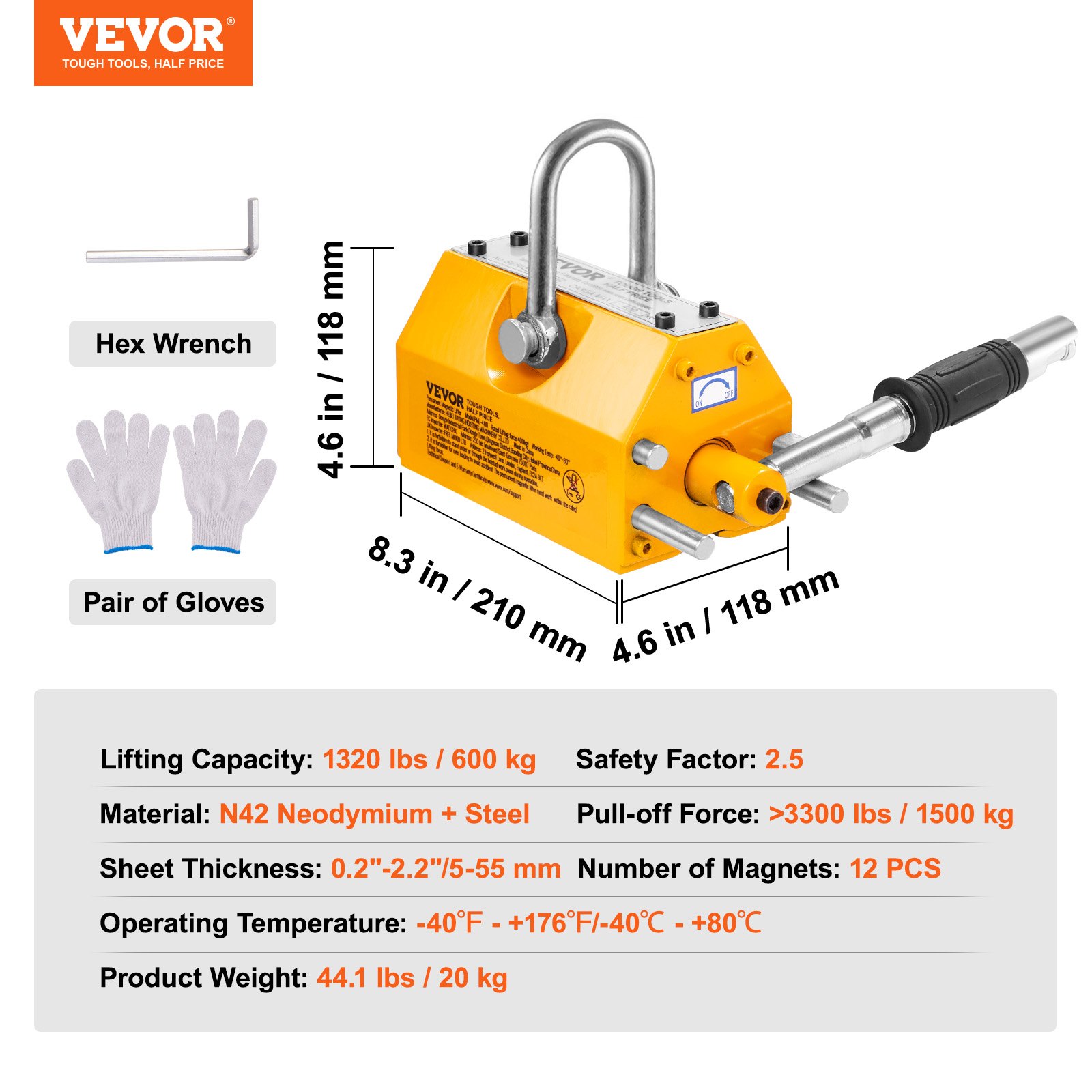 VEVOR Elevador magnético, capacidad de tracción de 1320 lbs/600 kg ...