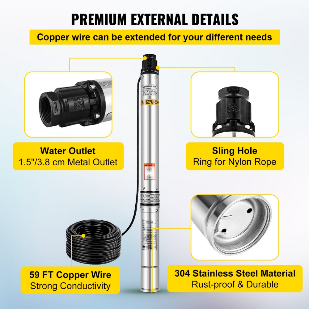 VEVOR Stainless Steel Submersible Well Pump 220V Submersible Pump for Wells 0.8KW Depth Pump Up to 49m Flow Rate 7000L / H Submersible Pump with 18m Cable