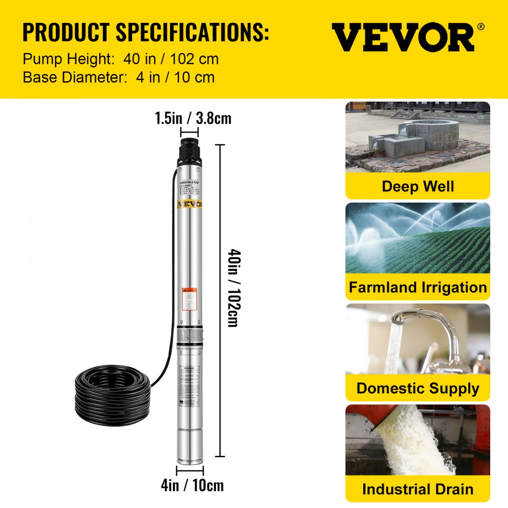 VEVOR Stainless Steel Submersible Well Pump 220V Submersible Pump for Wells 0.8KW Depth Pump Up to 49m Flow Rate 7000L / H Submersible Pump with 18m Cable