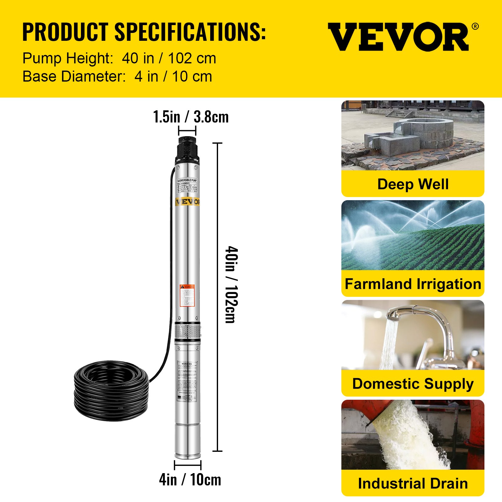 VEVOR Stainless Steel Submersible Well Pump 220V Submersible Pump for Wells 0.8KW Depth Pump Up to 49m Flow Rate 7000L / H Submersible Pump with 18m Cable