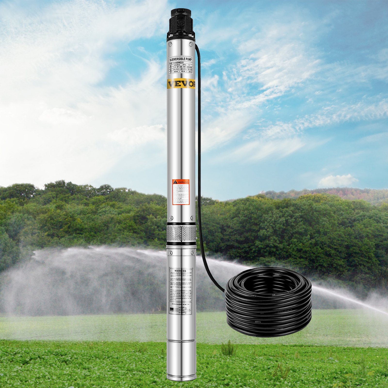 VEVOR Stainless Steel Submersible Well Pump 220V Submersible Pump for Wells 0.8KW Depth Pump Up to 49m Flow Rate 7000L / H Submersible Pump with 18m Cable
