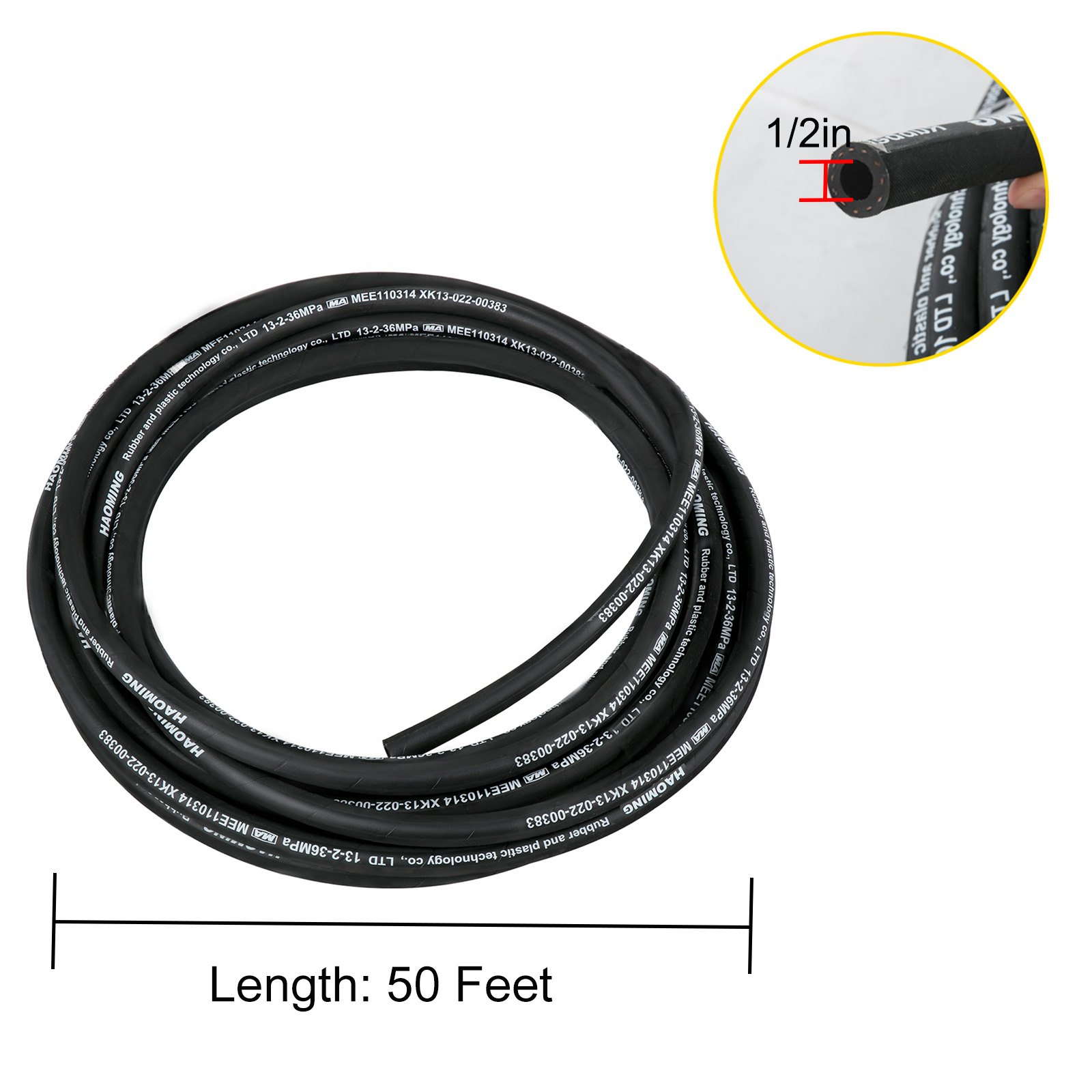 VEVOR Hydraulic Hose 50 Feet Rubber Hydraulic Hoses with 2 High-Tensile Steel Wire Braid, Inner Diameter 1/2 Inch, 5000 PSI Max, Bulk Hydraulic Hose -40 °F to 250 °F, Hydraulic Oil Flexible Hose