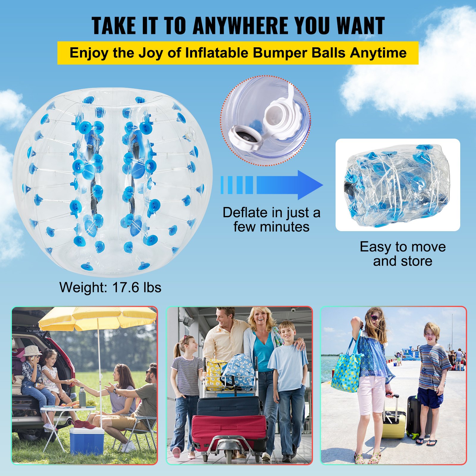 BuoQua 1PCS 1.2M Inflatable Bumper Football PVC Zorbing Ball Family Fun Zorb Ball Soccer Bubble for Adults or Child Outdoor Activity Transparent and Blue Dot