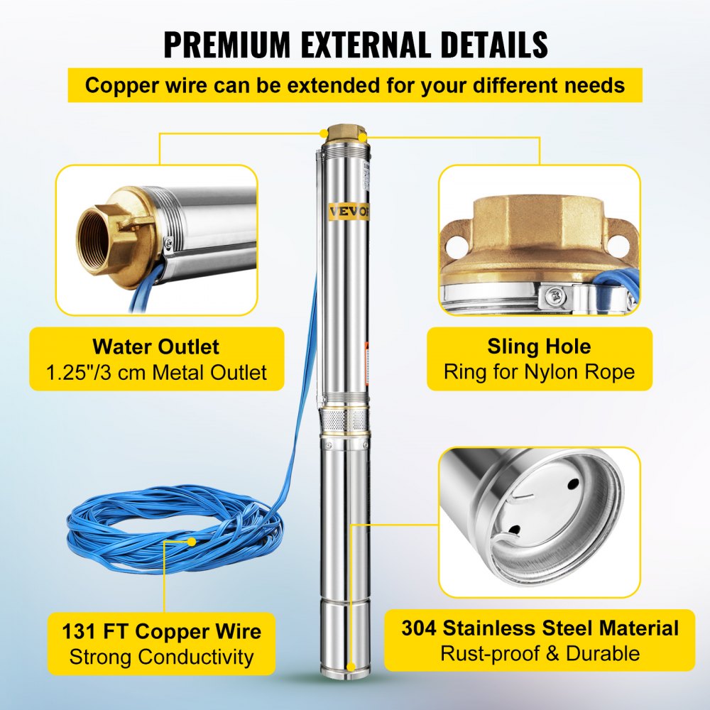 1.5HP Submersible Deep Well Pump Electric PUMP Stainless Steel Max 335ft GOOD