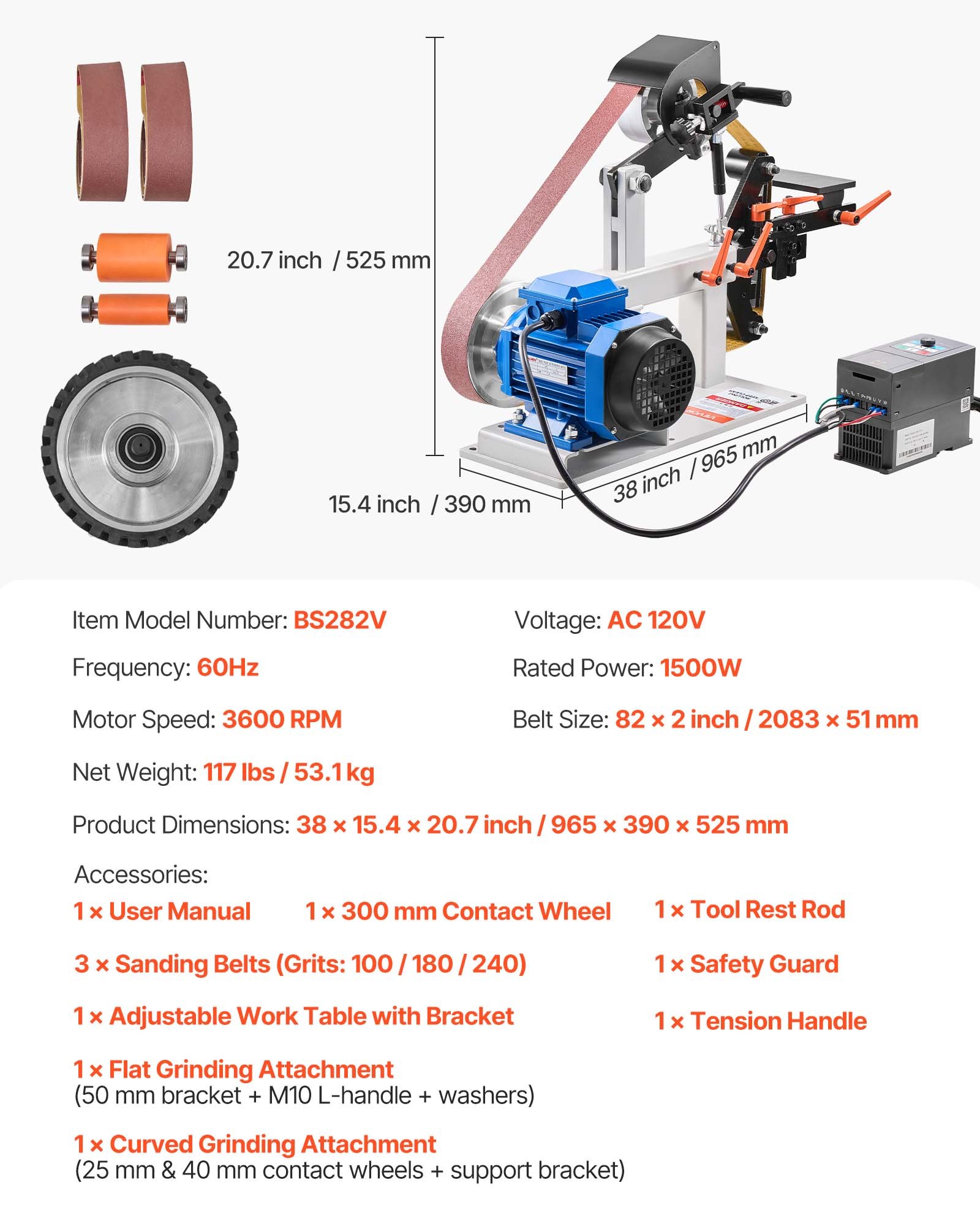 VEVOR Belt Sander, 1500W Belt and Disc Sander, 2" X 82" Belt Size Belt Sander, 1 Phase in 3 Phase Sander, 16 1/4" X 12" Rubber Disc Belt Disc Sander