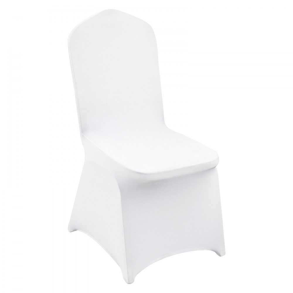 white spandex chair cover fitting a standard banquet chair. VEVOR chair covers.