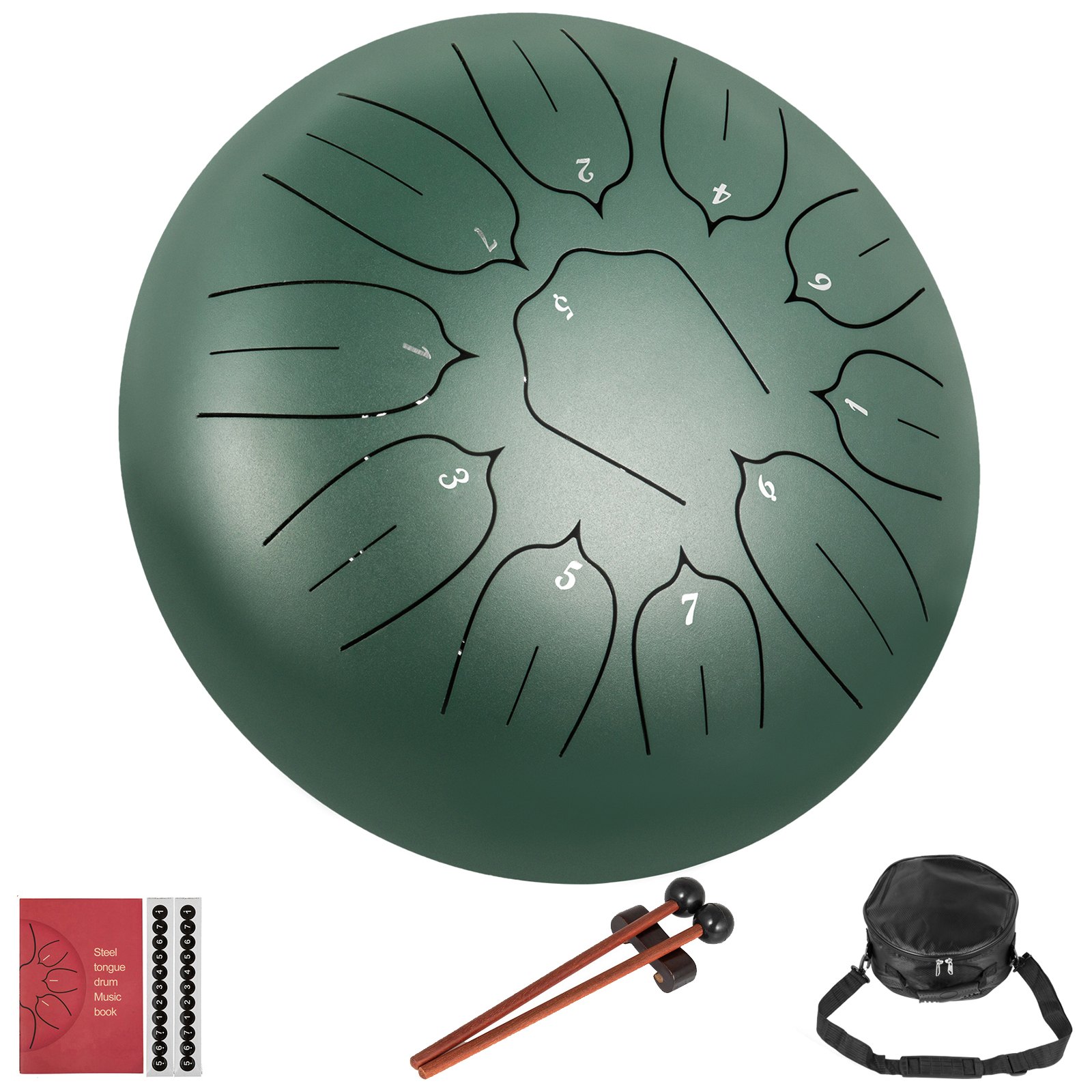 VEVOR Steel Tongue Drum Handpan 10'' 11 Noten Stalen Pan Lotus Blossoms Mineraal Groen
