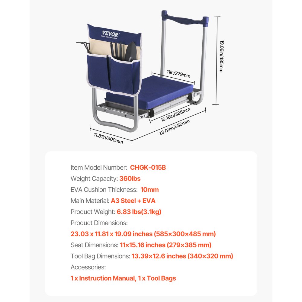 VEVOR Kniebank 585x300x485 mm, Kniekussen 279x385mm Kniekussen, Kniehulpmiddel voor tuinieren tot 160 kg, Opvouwbare tuinstoel met 1 gereedschapstas, Werkkruk verlicht knie- en rugpijn