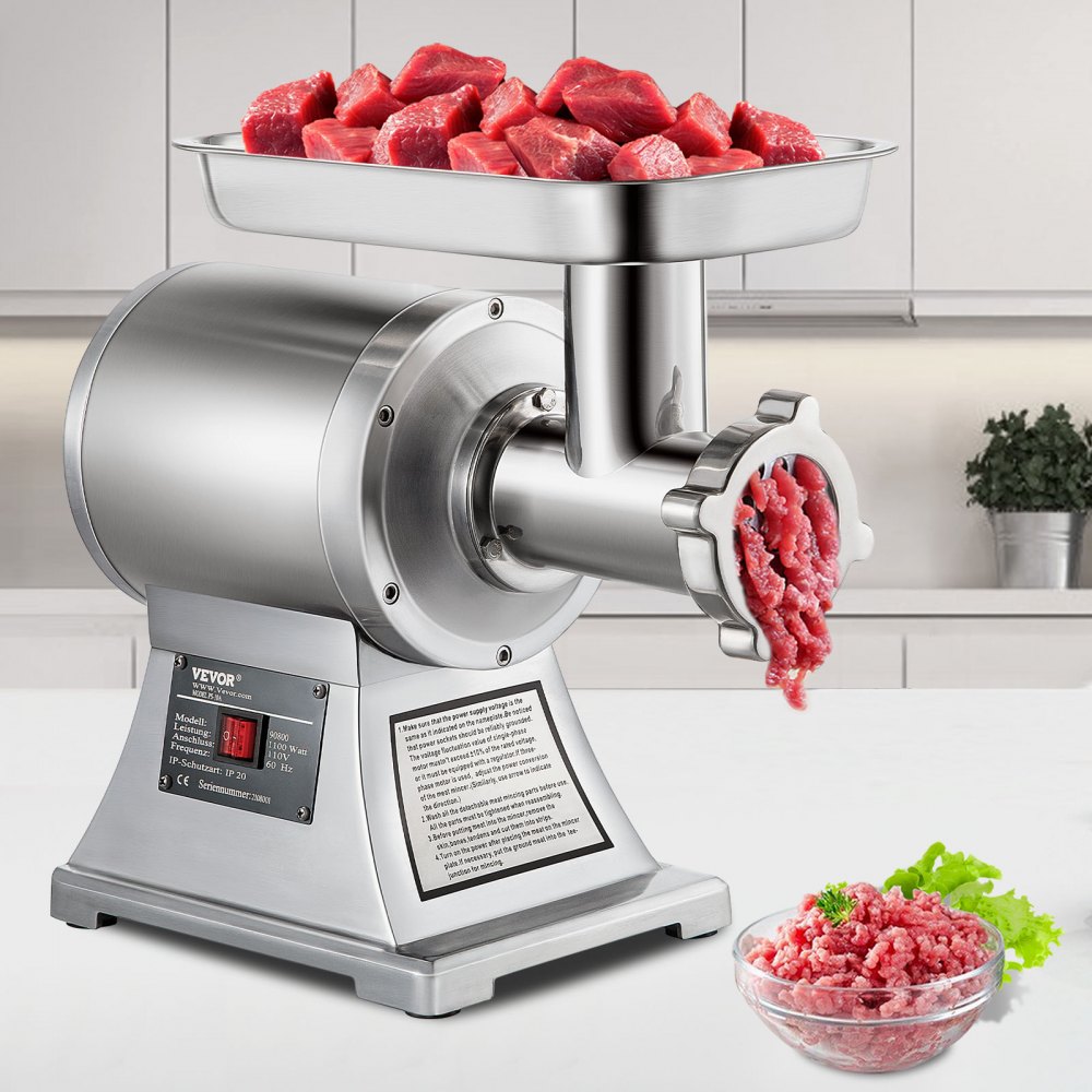 VEVOR Vleesmolen 448 x 210 x 387 mm Gehaktmolen 1100 W Multifunctionele Keukenmachine Vlees van Roestvrij Staal met 193 r/min Snelheid, Complete Accessoires, voor Restaurants Supermarkten Slagerijen