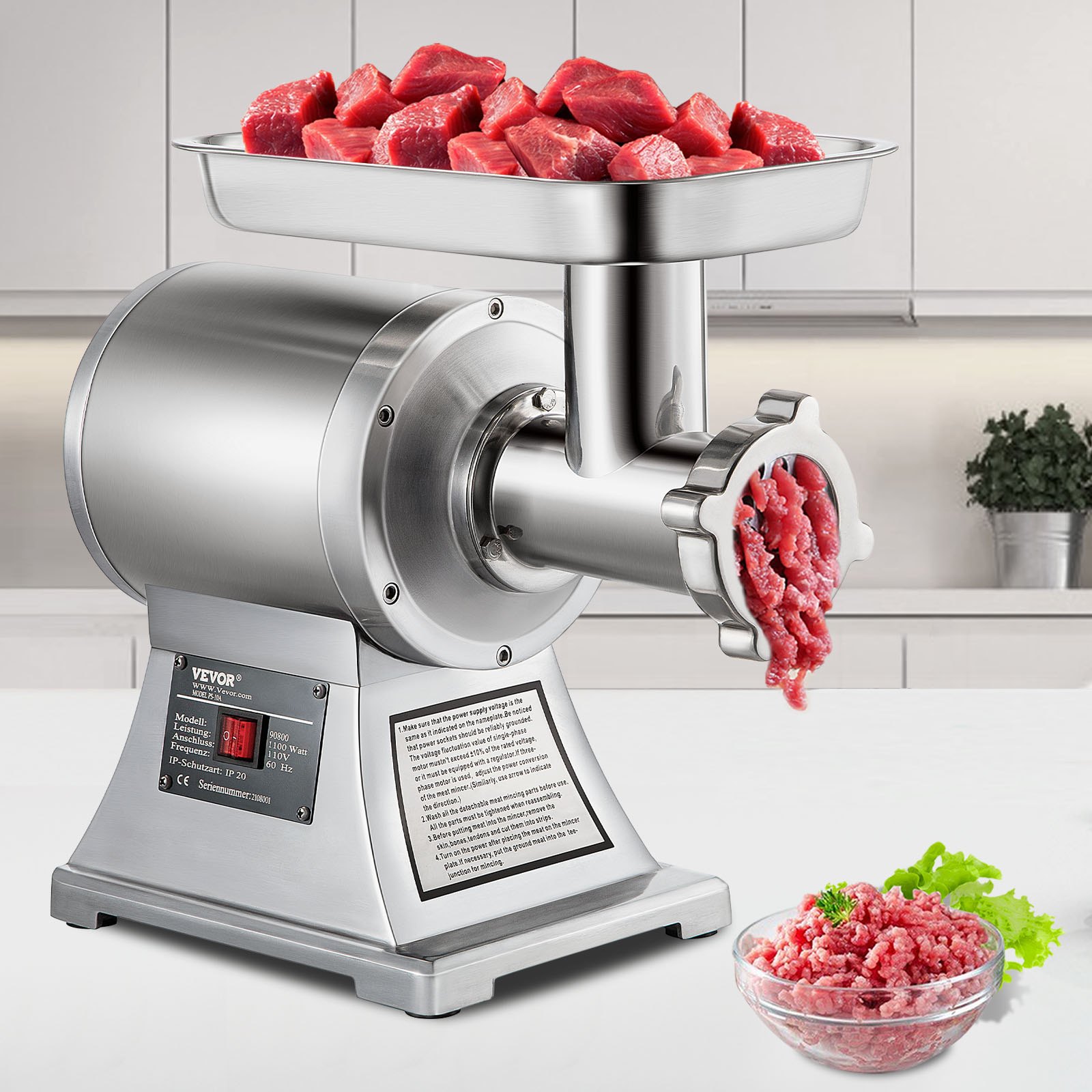 VEVOR Vleesmolen 448 x 210 x 387 mm Gehaktmolen 1100 W Multifunctionele Keukenmachine Vlees van Roestvrij Staal met 193 r/min Snelheid, Complete Accessoires, voor Restaurants Supermarkten Slagerijen