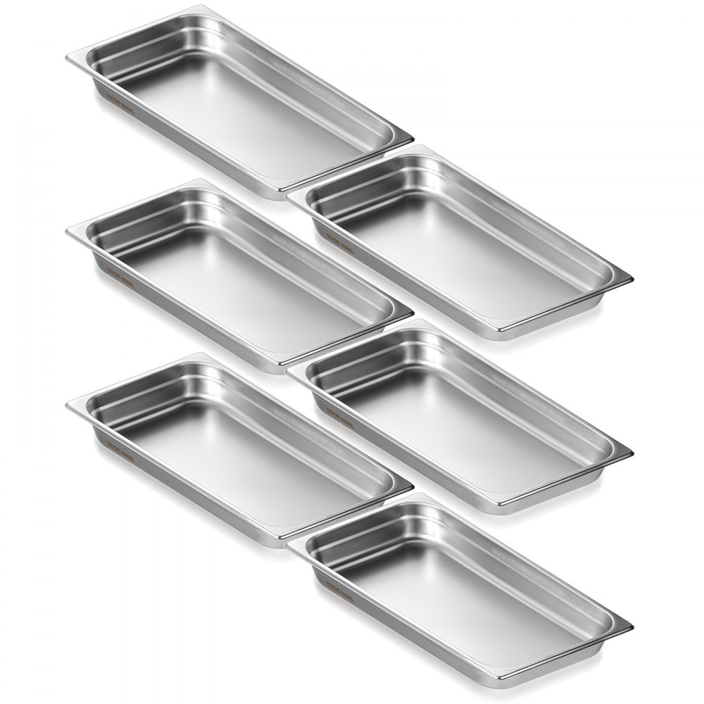 six stainless steel VEVOR hotel pans stacked in a diagonal arrangement.