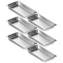 six stainless steel VEVOR hotel pans stacked in a diagonal arrangement.