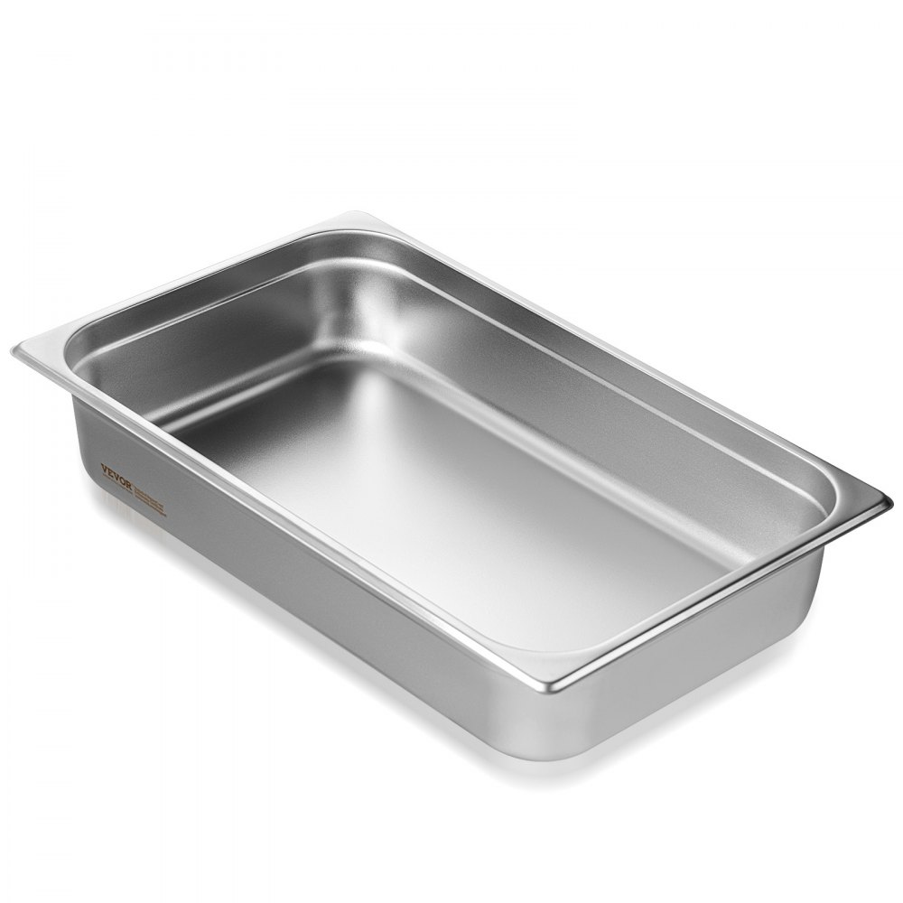 stainless steel VEVOR hotel pan with smooth finishes and rectangular design.