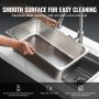 washing VEVOR hotel pans under a faucet, showcasing their stainless steel, anti-corrosion, and anti-rust features.