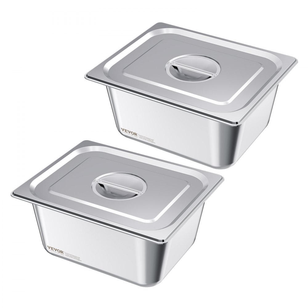 VEVOR Gastronormbak Hotelpan (1/2 maat) 2-pack 9 L, herbruikbare bakjes (148 mm diep), roestvrijstalen cateringopslag, paneermeelbak, voedselcontainer met deksel voor feestbuffet
