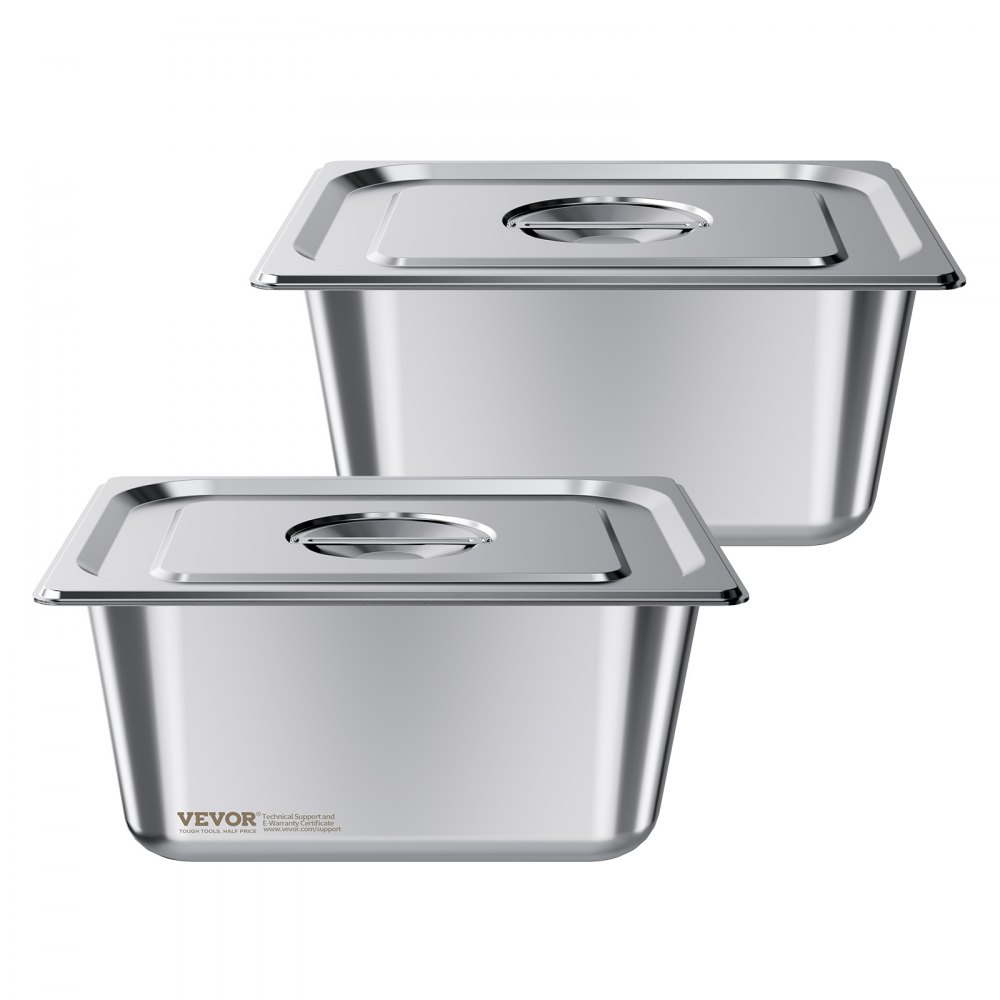 VEVOR Gastronormbak Hotelpan (1/2 maat) 2-pack 9 L, herbruikbare bakjes (148 mm diep), roestvrijstalen cateringopslag, paneermeelbak, voedselcontainer met deksel voor feestbuffet