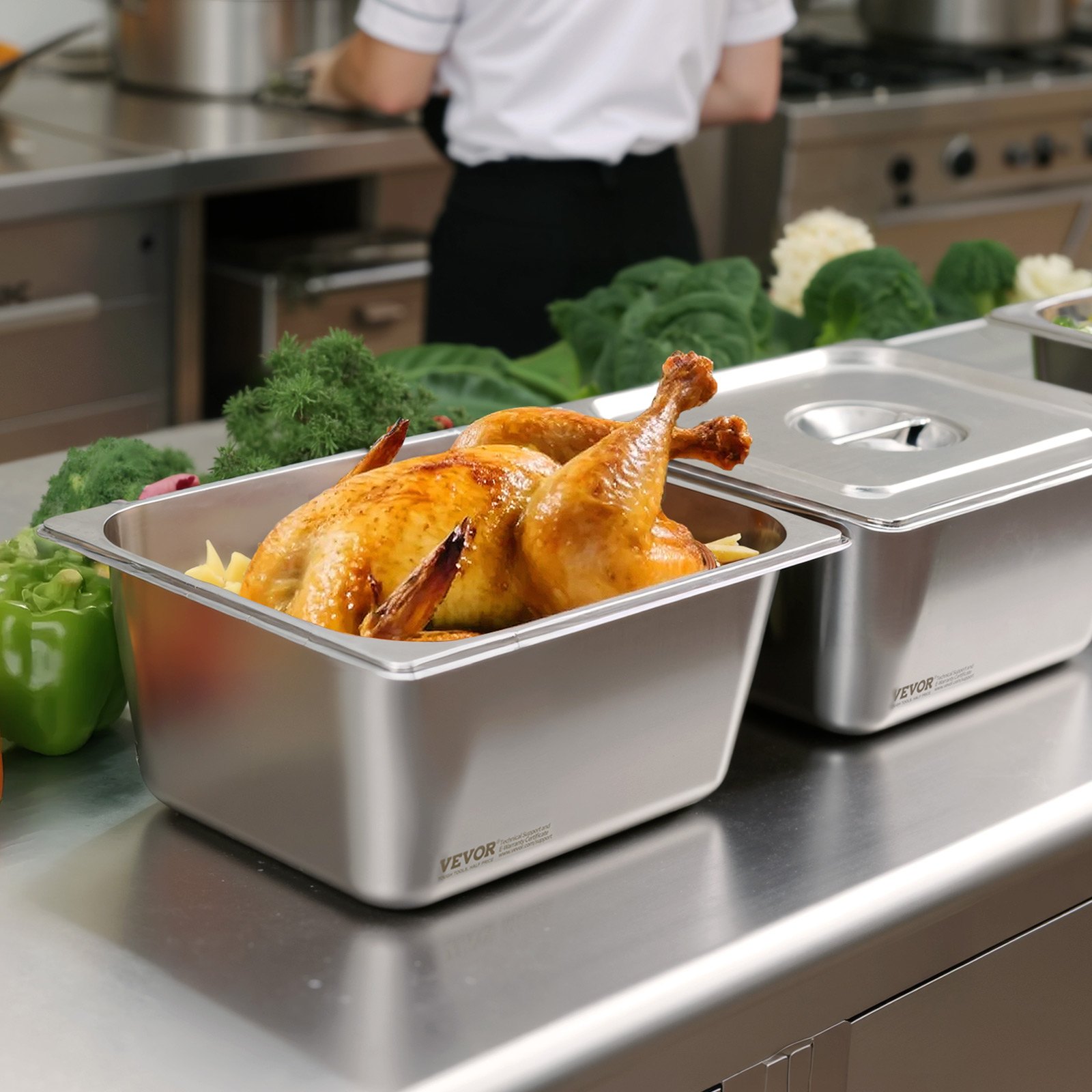 VEVOR Gastronormbak Hotelpan (1/2 maat) 2-pack 9 L, herbruikbare bakjes (148 mm diep), roestvrijstalen cateringopslag, paneermeelbak, voedselcontainer met deksel voor feestbuffet