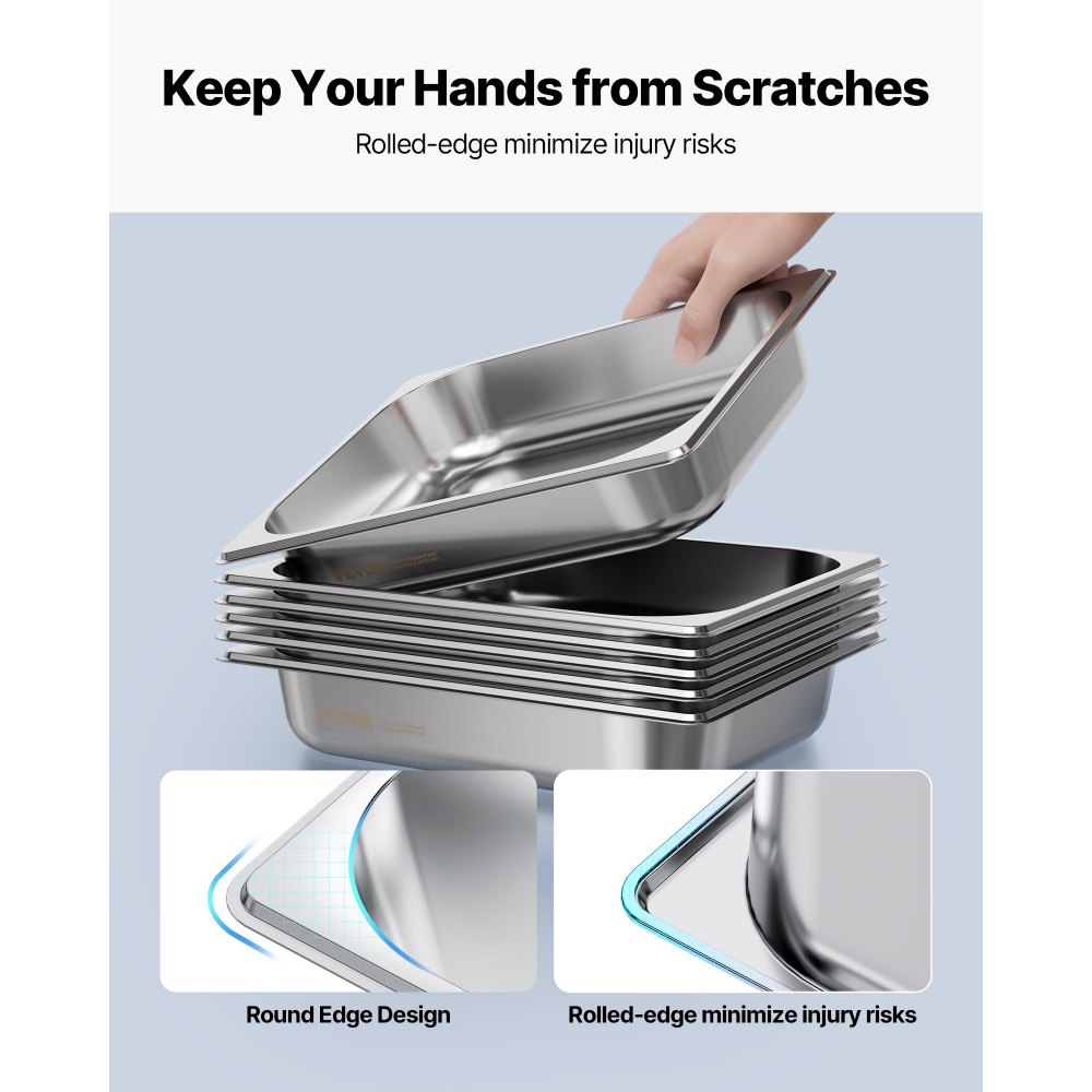 VEVOR Gastronormbak Hotelpan (1/2 maat) 4-pack 3,8 l, herbruikbare bakjes (63,5 mm diep), roestvrijstalen cateringopslag, paneermeelbak, voedselcontainer voor feestrestaurantbuffet