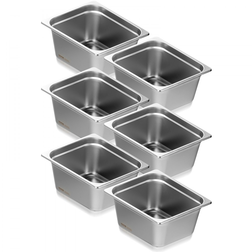 stacked VEVOR hotel pans, stainless steel, set of six, gleaming finish, ready for commercial kitchen use.