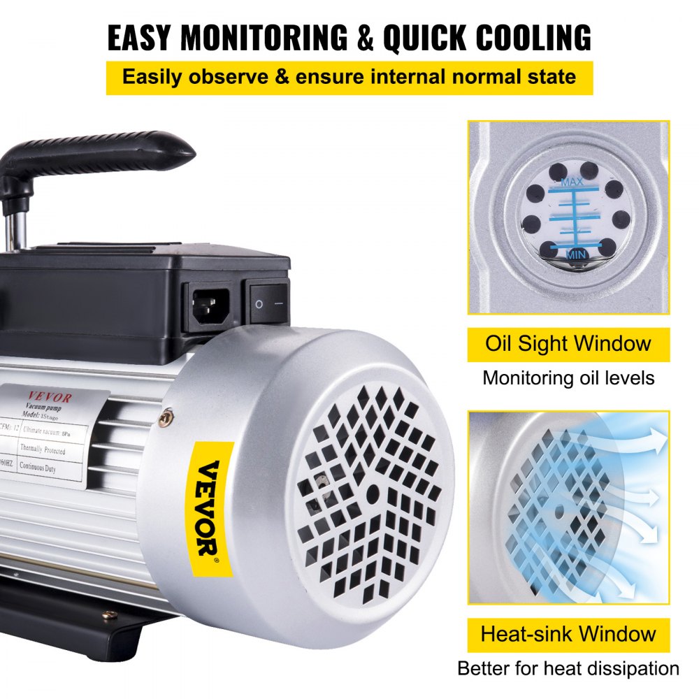VEVOR Vacuümpomp 12CFM Negatieve drukpomp 1HP 5 Pa Hoog rendement vacuümpomp Ideaal voor huishoudelijke airconditioning, auto-onderhoud, vacuümverpakking
