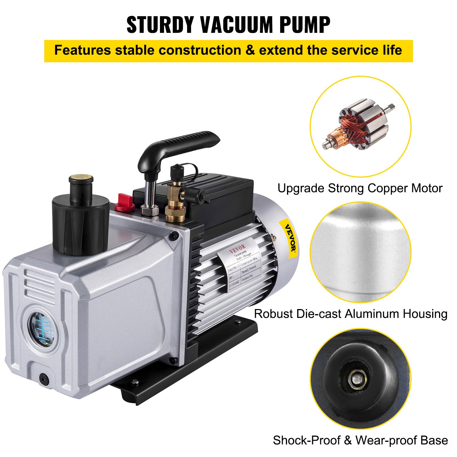 VEVOR Vacuümpomp 12CFM Negatieve drukpomp 1HP 5 Pa Hoog rendement vacuümpomp Ideaal voor huishoudelijke airconditioning, auto-onderhoud, vacuümverpakking
