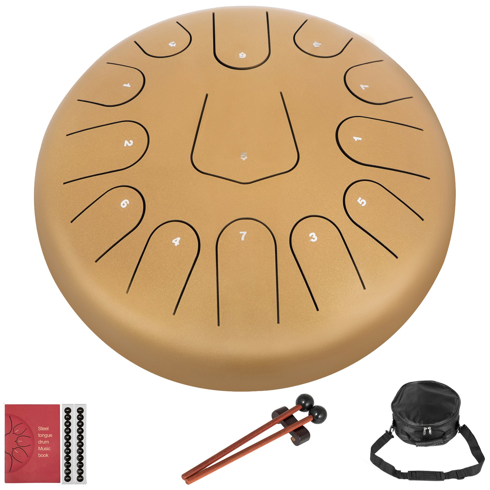 12'' 13 Notes Steel Tongue Drum Handpan Drum Golden Steel-titanium Alloy Mallets Music Book