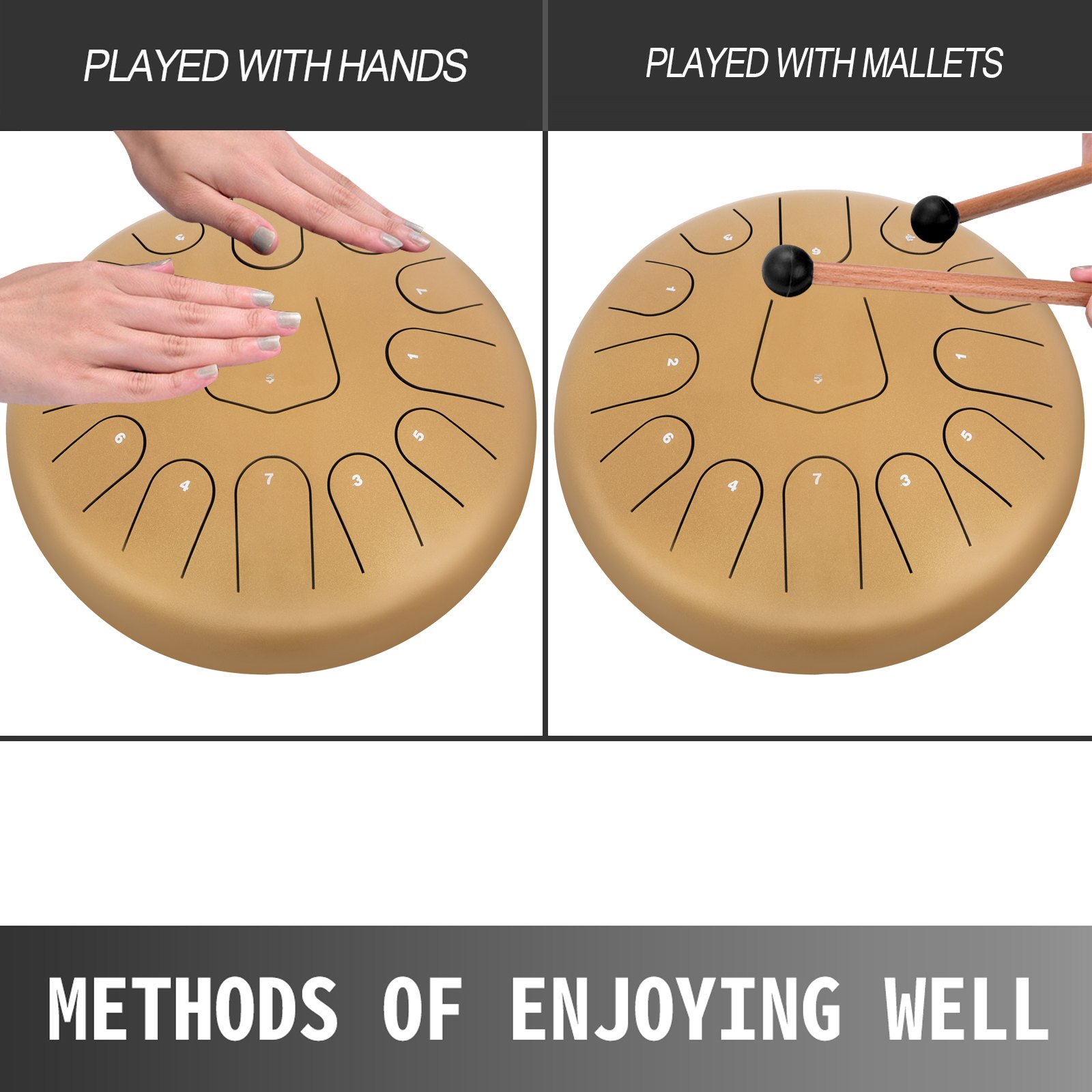 12'' 13 Notes Steel Tongue Drum Handpan Drum Golden Steel-titanium Alloy Mallets Music Book