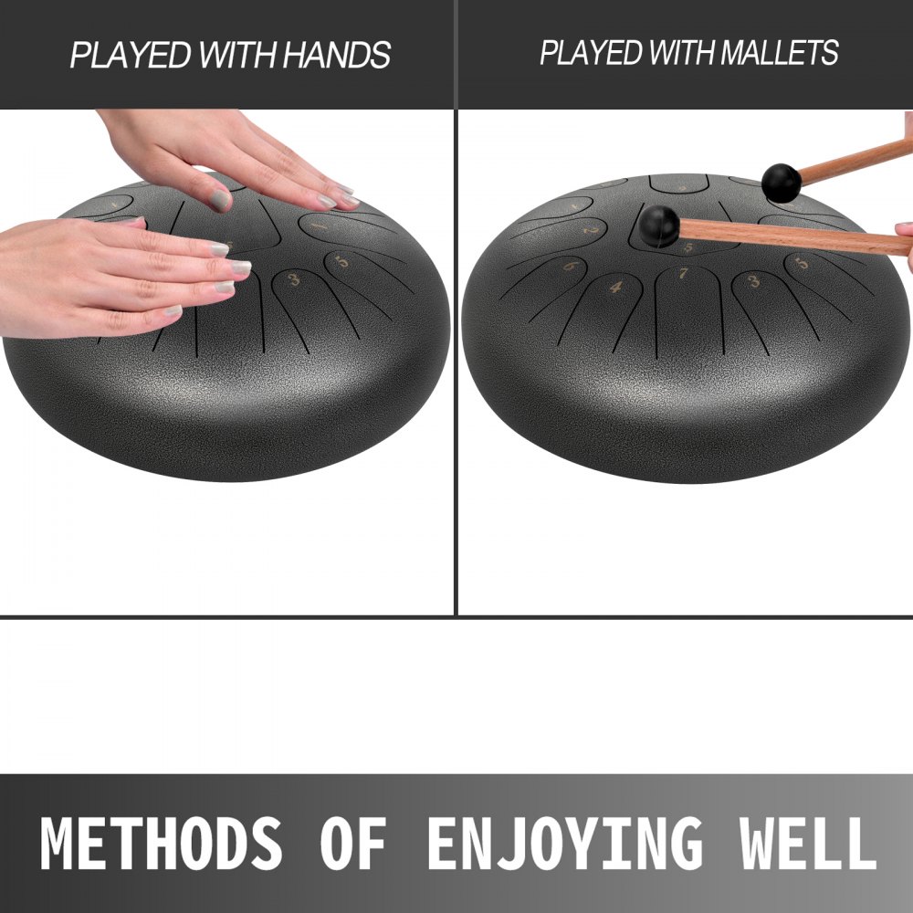 VEVOR Staal Tong Drum 13 Noten, Stalen Tong Trommel  Gun kleur 12", Hand staal tong drums met Drumstokken, Etherische Trommel voor Yoga, Zazen, Meditatie, Muziektherapeuten, Religieuze Activiteiten.